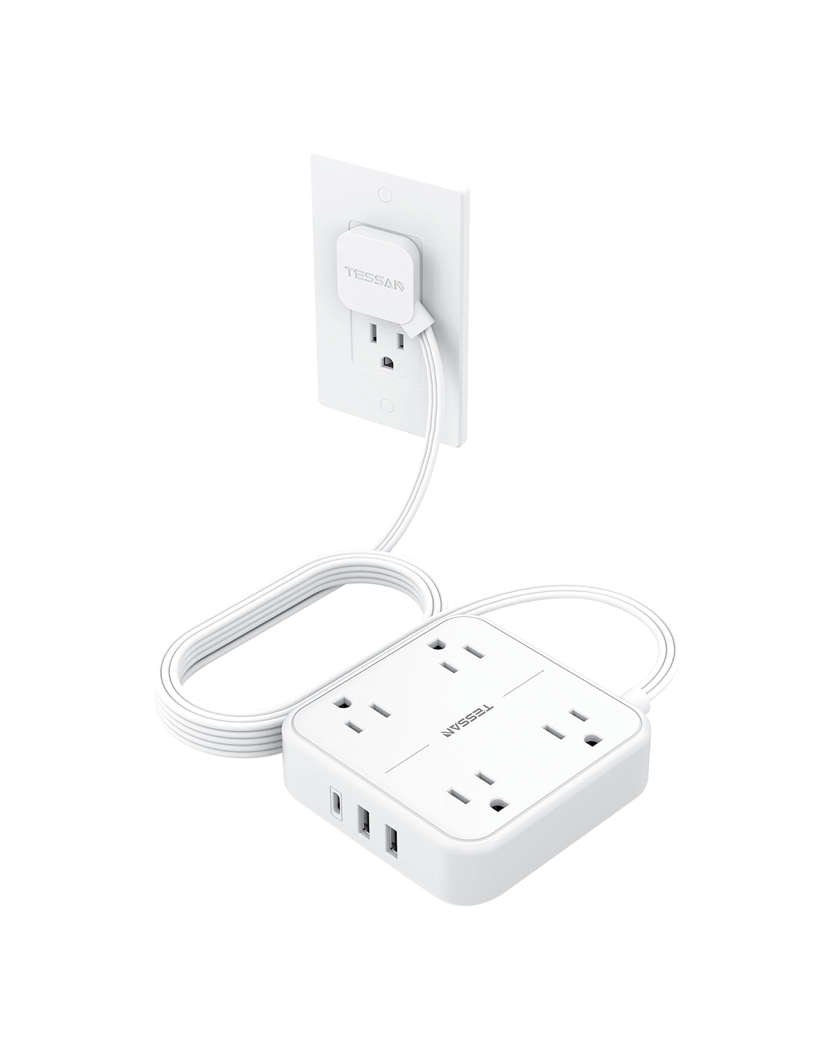 TESSAN Surge Protector Power Strip 10 Feet with 4 Outlets 3 USB Wall Charger (1 USB C), Flat Extension Cord 10 FT
