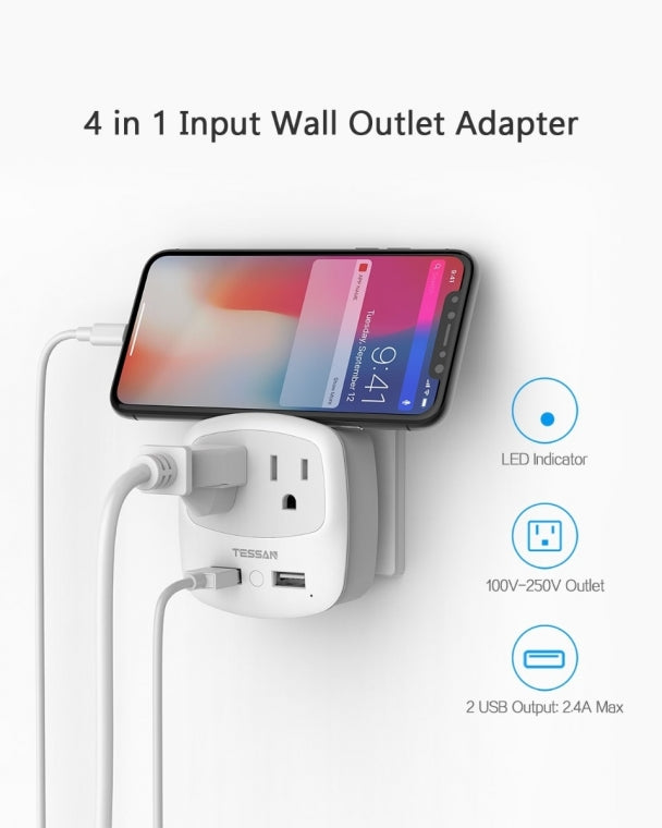 US To UK/HK/Saudi Arabia Travel Adapter with 2 Outlets 2 USB Ports