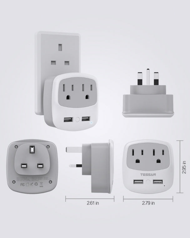 US To UK/HK/Saudi Arabia Travel Adapter with 2 Outlets 2 USB Ports