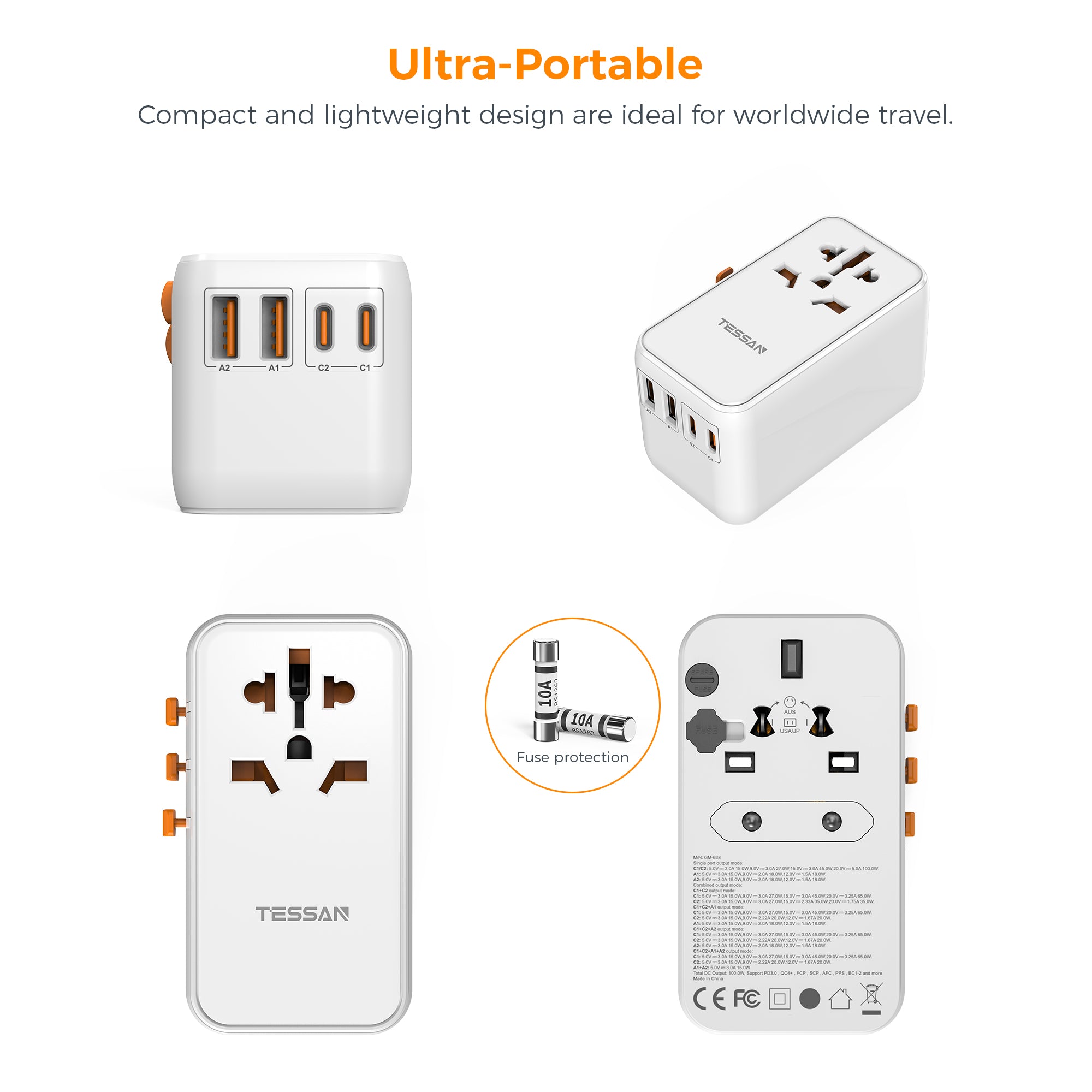 International 5 In 1 Travel Plug Adaptor with 2 USB C and 2 USB Ports (Fast Charging PD 100W)