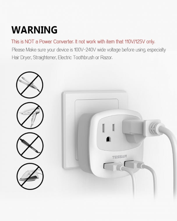 US To UK/HK/Saudi Arabia Travel Adapter with 2 Outlets 2 USB Ports