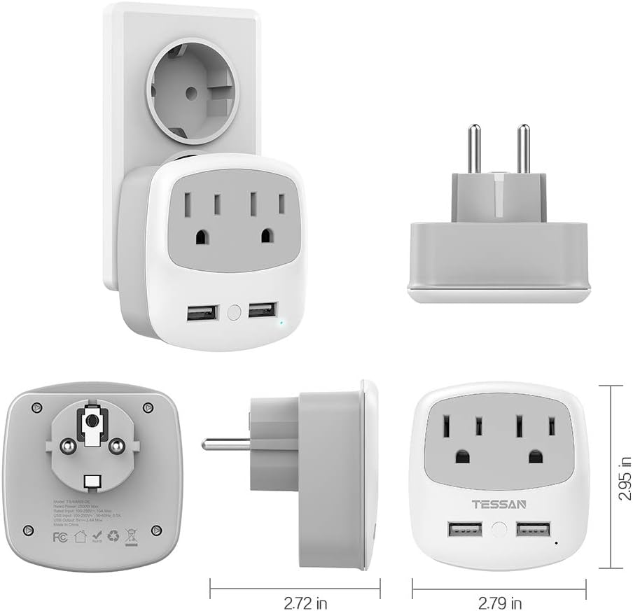 TESSAN Germany France Power Adapter with 2 USB Ports 2 AC Outlets