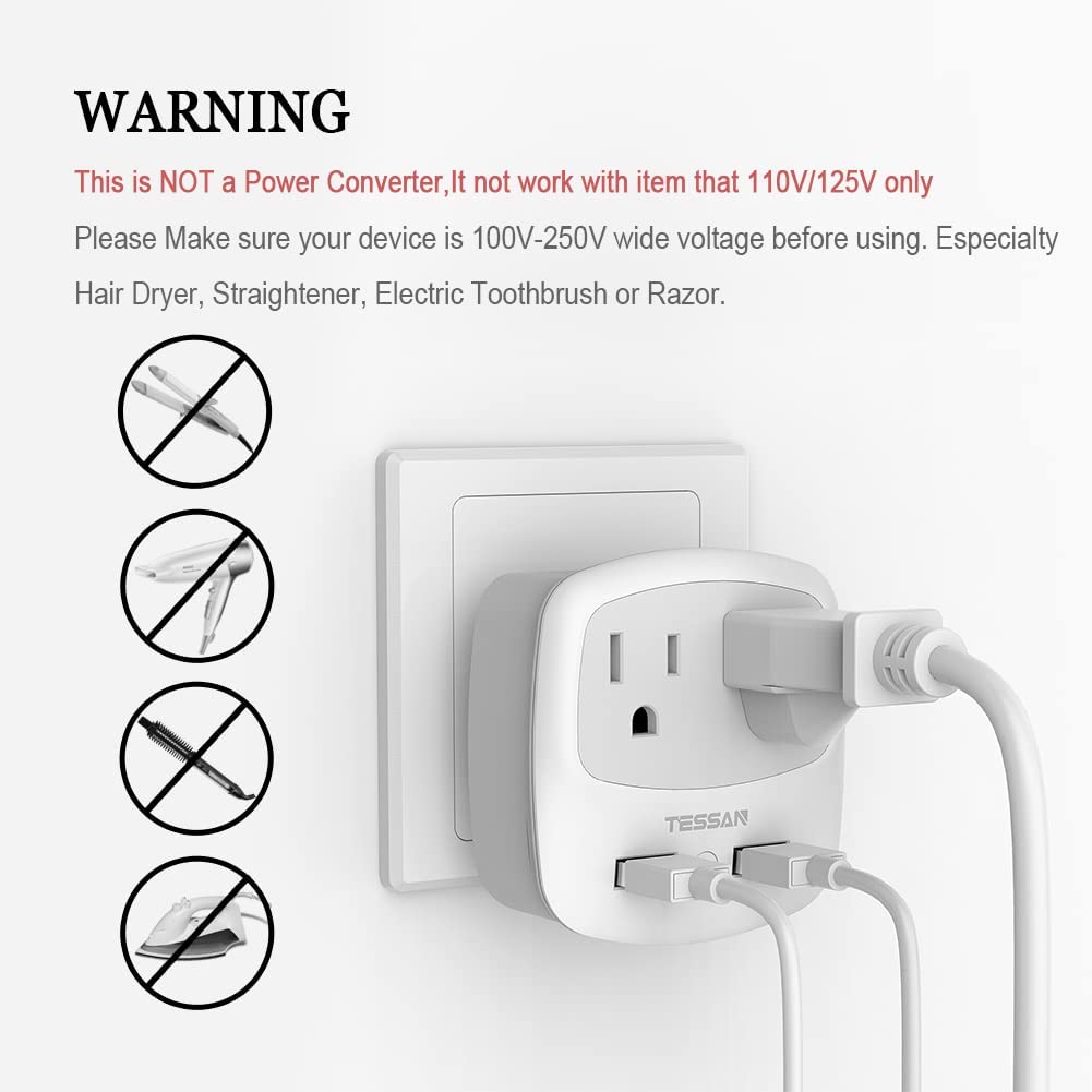 TESSAN US to Europe Power Adaptor with 2 USB 2 AC Outlets, 2 Pack