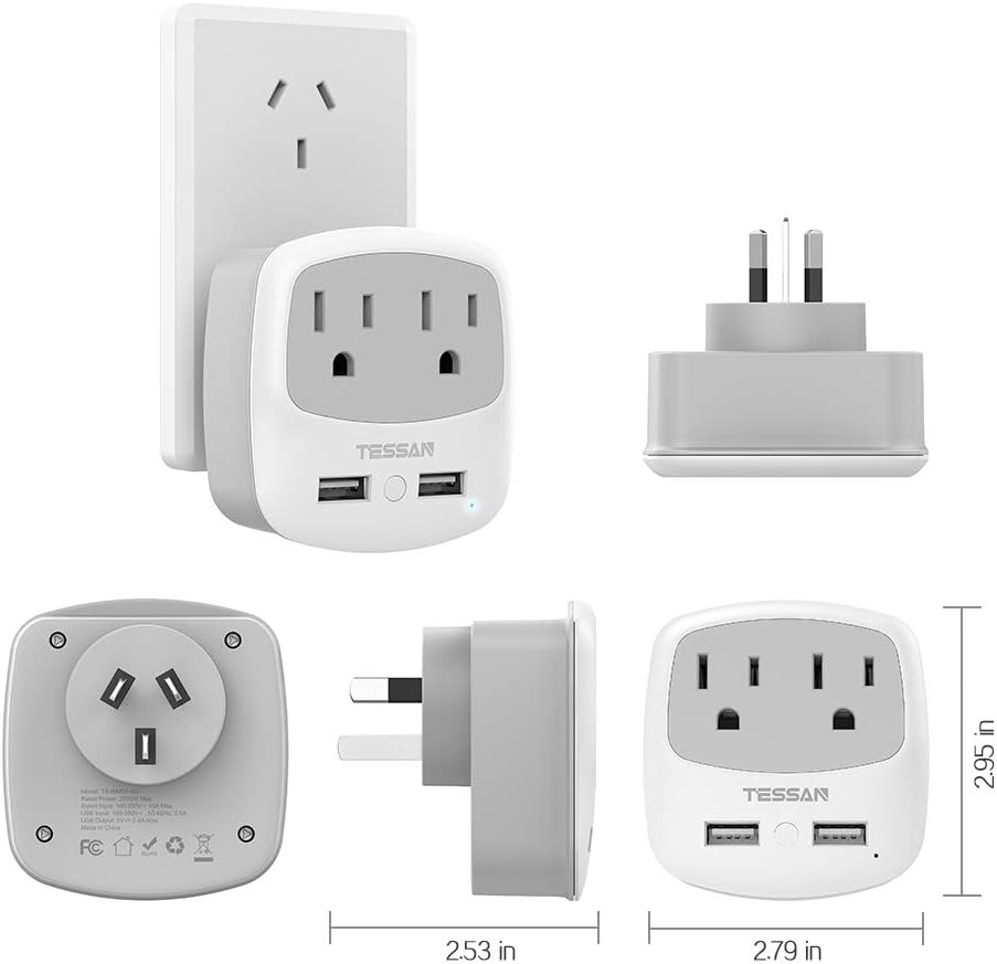 TESSAN Australia New Zealand Power Plug Adapter with 2 USB Ports 2 AC Outlets
