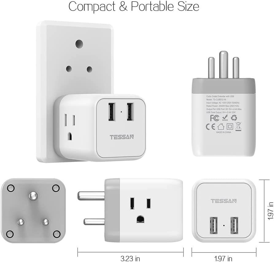 US To India/Nepal Travel Plug Adapter With 3 Outlets 2 USB Ports (Type D Plug)