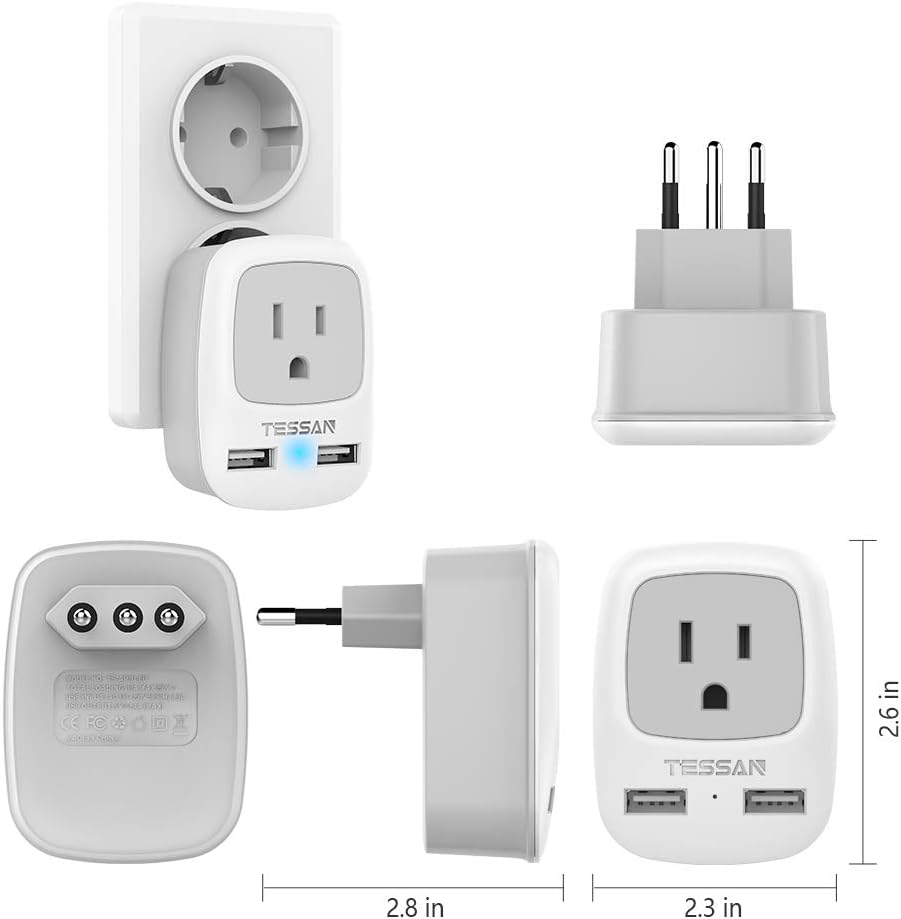 TESSAN Italy Travel Power Adapter, Grounded Plug Converter with Dual USB Charging Ports