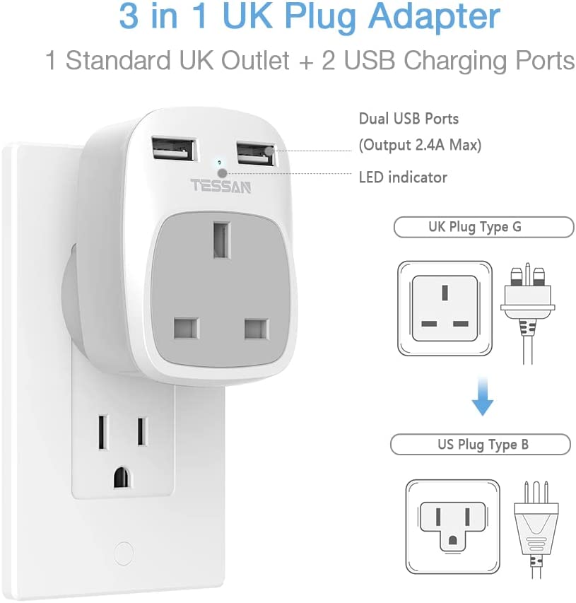 TESSAN UK to US Plug Adapter with AC Outlet 2 USB Ports