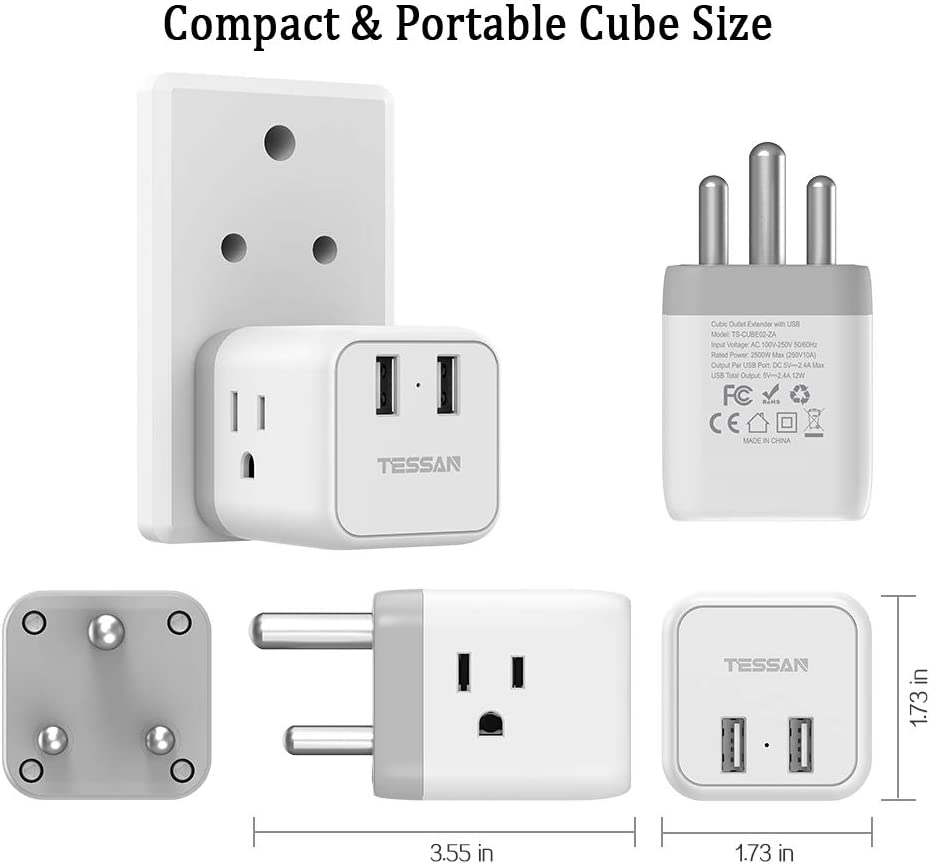 US To South Africa Travel Plug Adapter With 3 Outlets 2 USB Ports (Type M Plug)