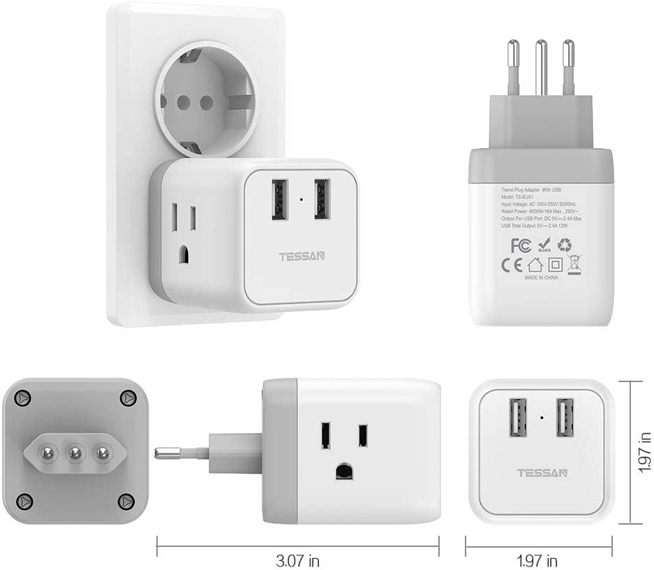 US To Italy Travel Plug Adapter With 3 Outlets 2 USB Ports (Type L Plug)
