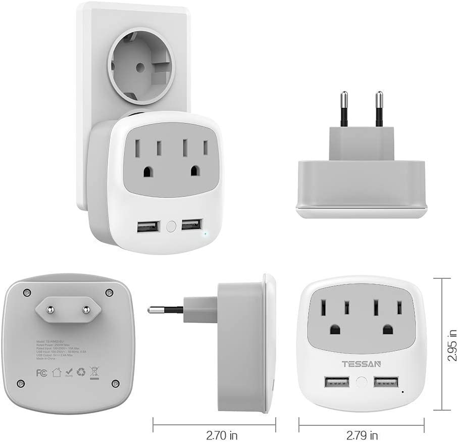US To European Travel Adapter with 2 Outlets 2 USB Ports
