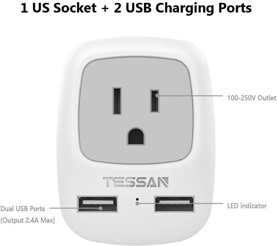 TESSAN Italy Travel Power Adapter, Grounded Plug Converter with Dual USB Charging Ports