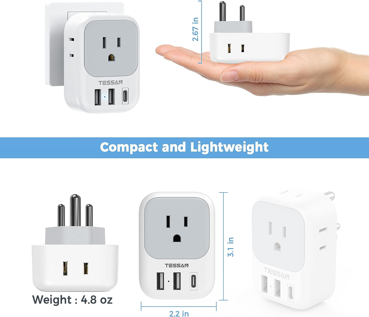 Tessan US to India Plug Adapter Type D