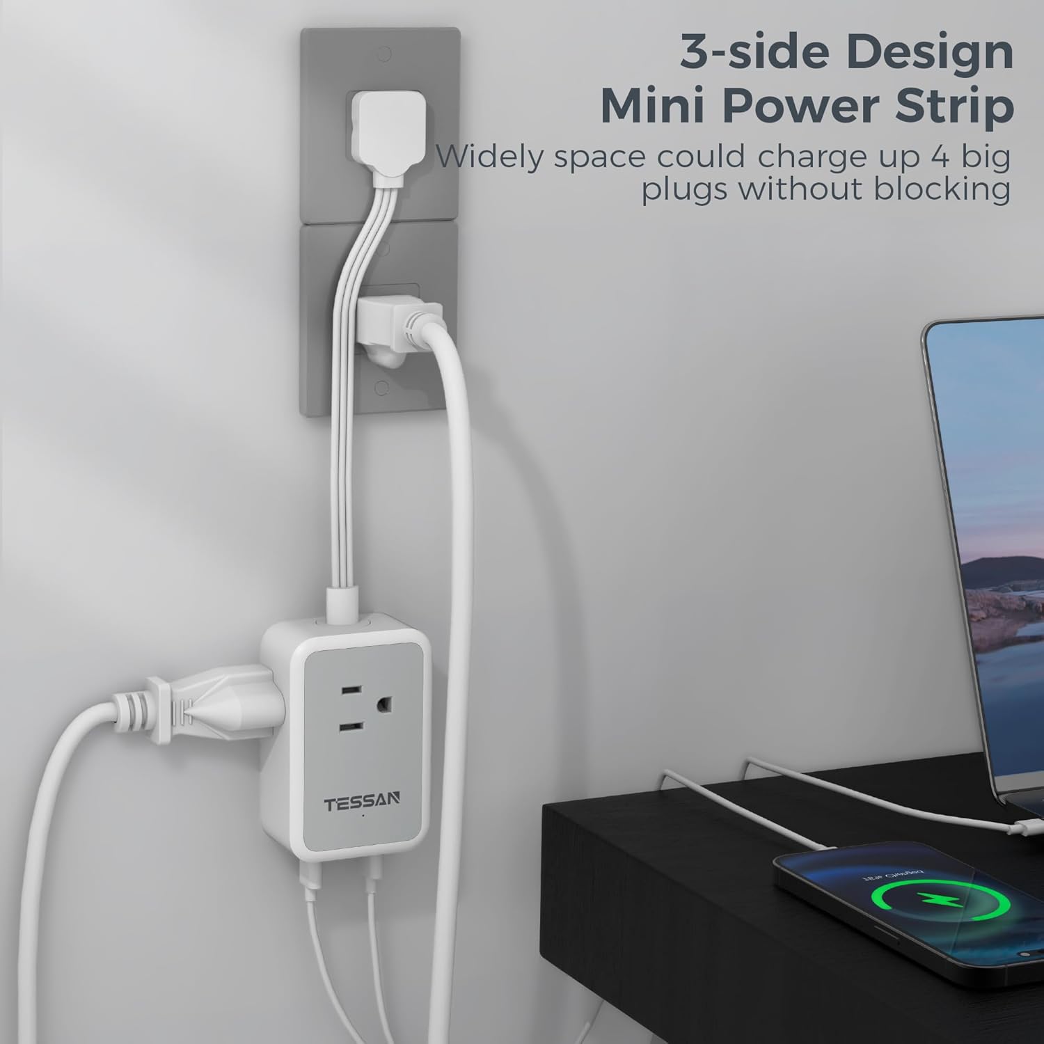 TESSAN Flat Plug Small Extension Cord with 3 Outlet Extender 3 USB (1 USB-C)