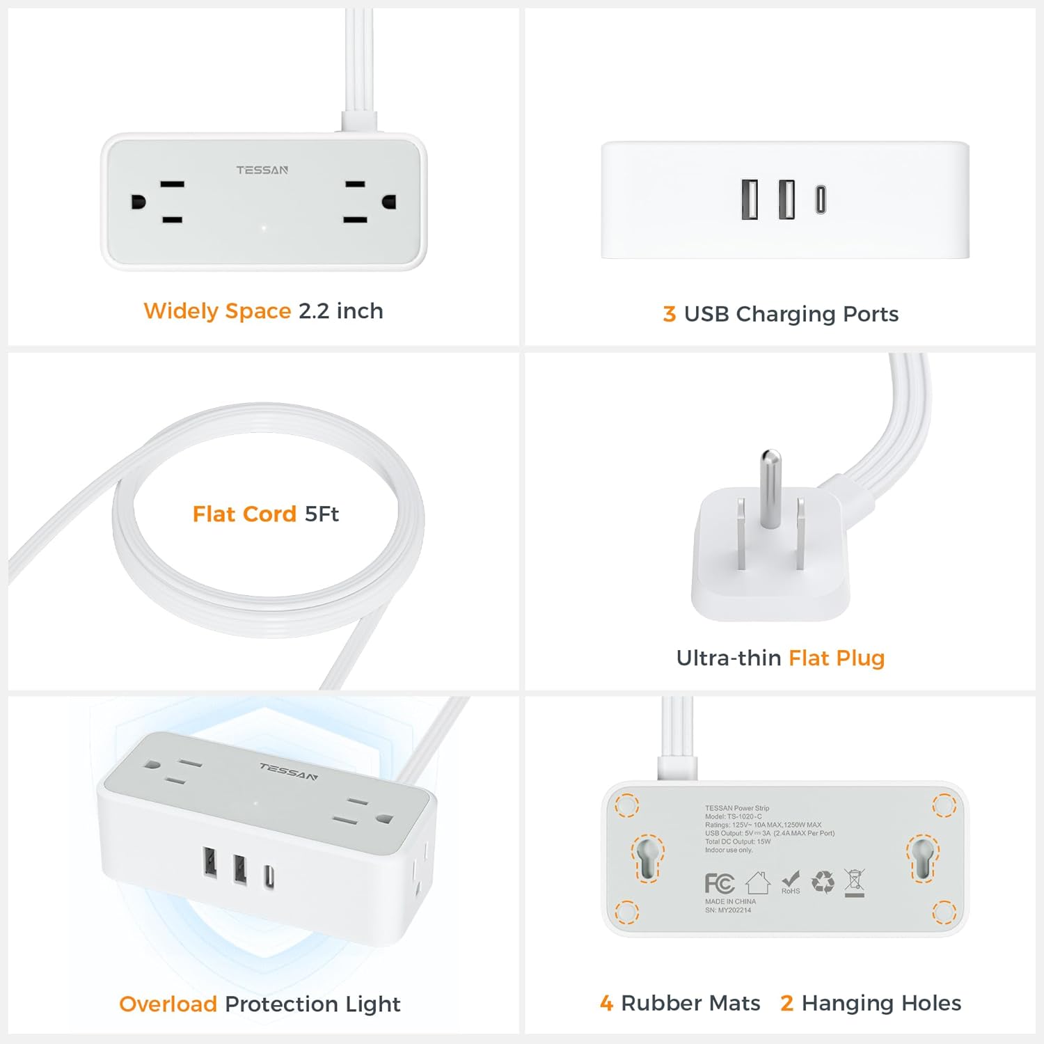TESSAN 4 Outlets Ultra Thin Flat Plug Power Strip, 3 USB Wall Charger (1 USB C Port), Small Flat Extension Cord