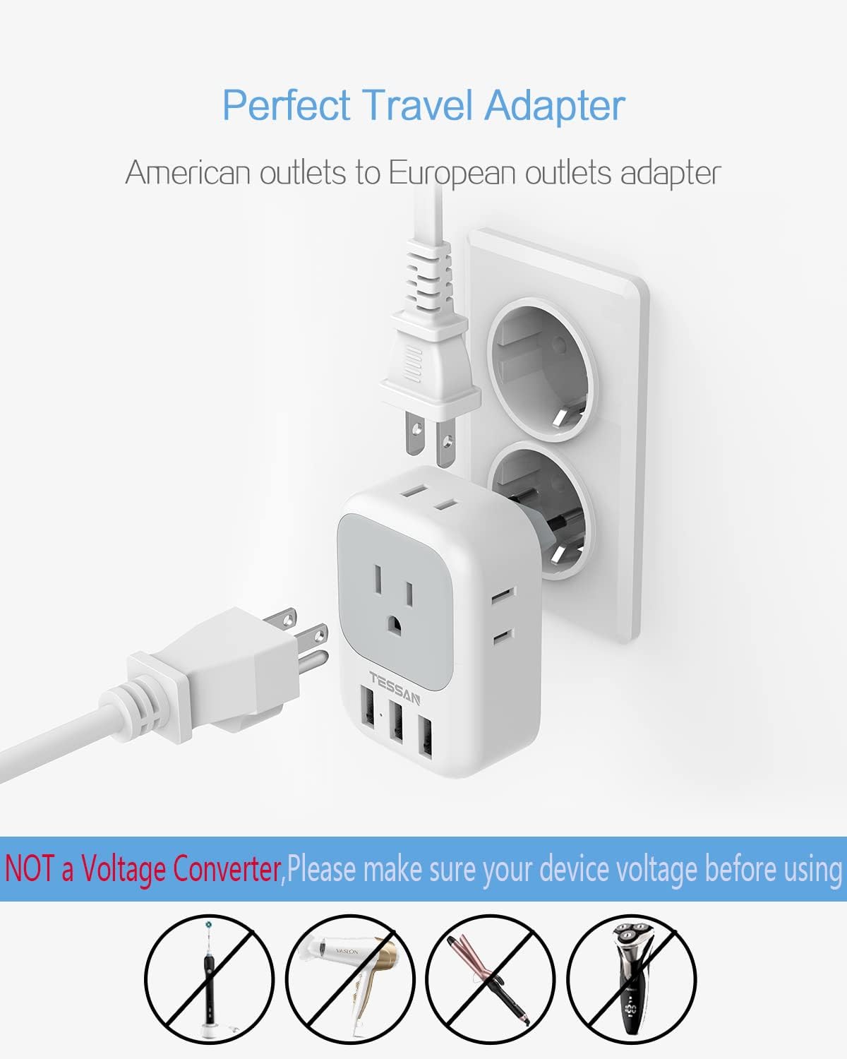 US to Europe Power Adapter with 4 AC Outlets and 3 USB, 2 Pack