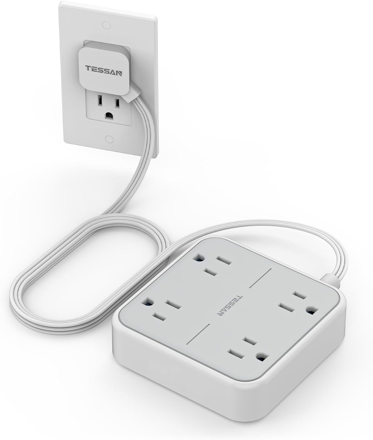TESSAN 10 FT Extension Cord Flat Plug with 4 Widely Outlets Extender (Surge Protector)