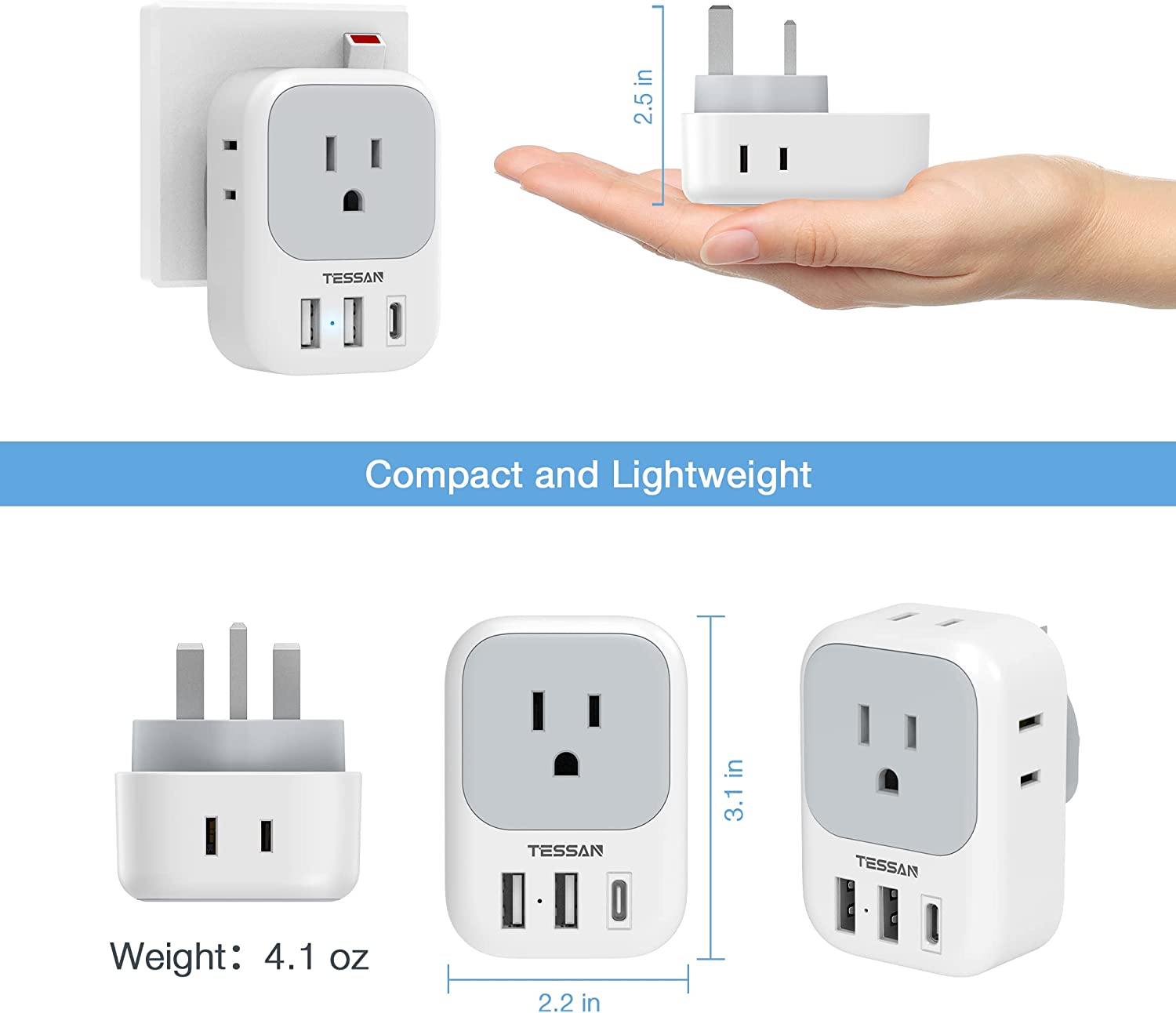 US to UK Plug Adapter 2 Pack, TESSAN Type G Adapter with 4 Outlets 3 USB Charger(1 USB C Port)