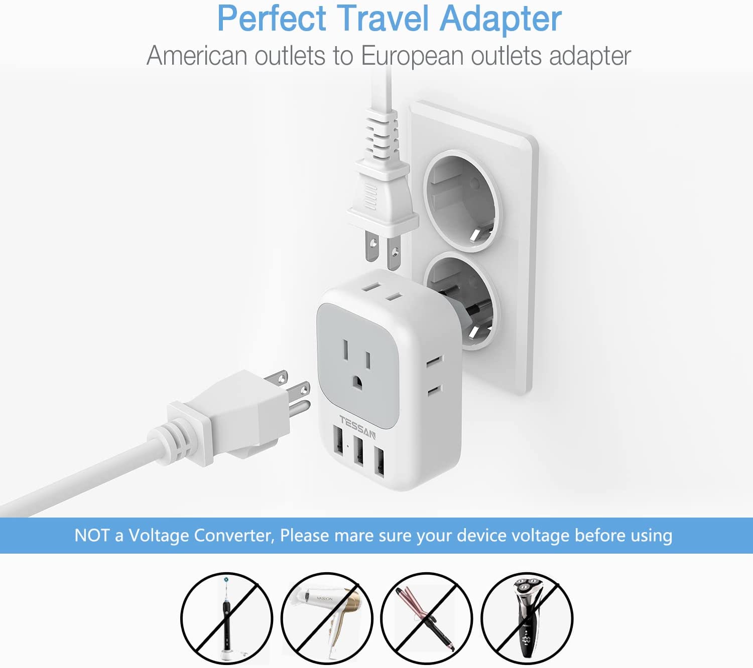 TESSAN US to Europe Power Adapter with 4 AC Outlets and 3 USB, 3 Pack