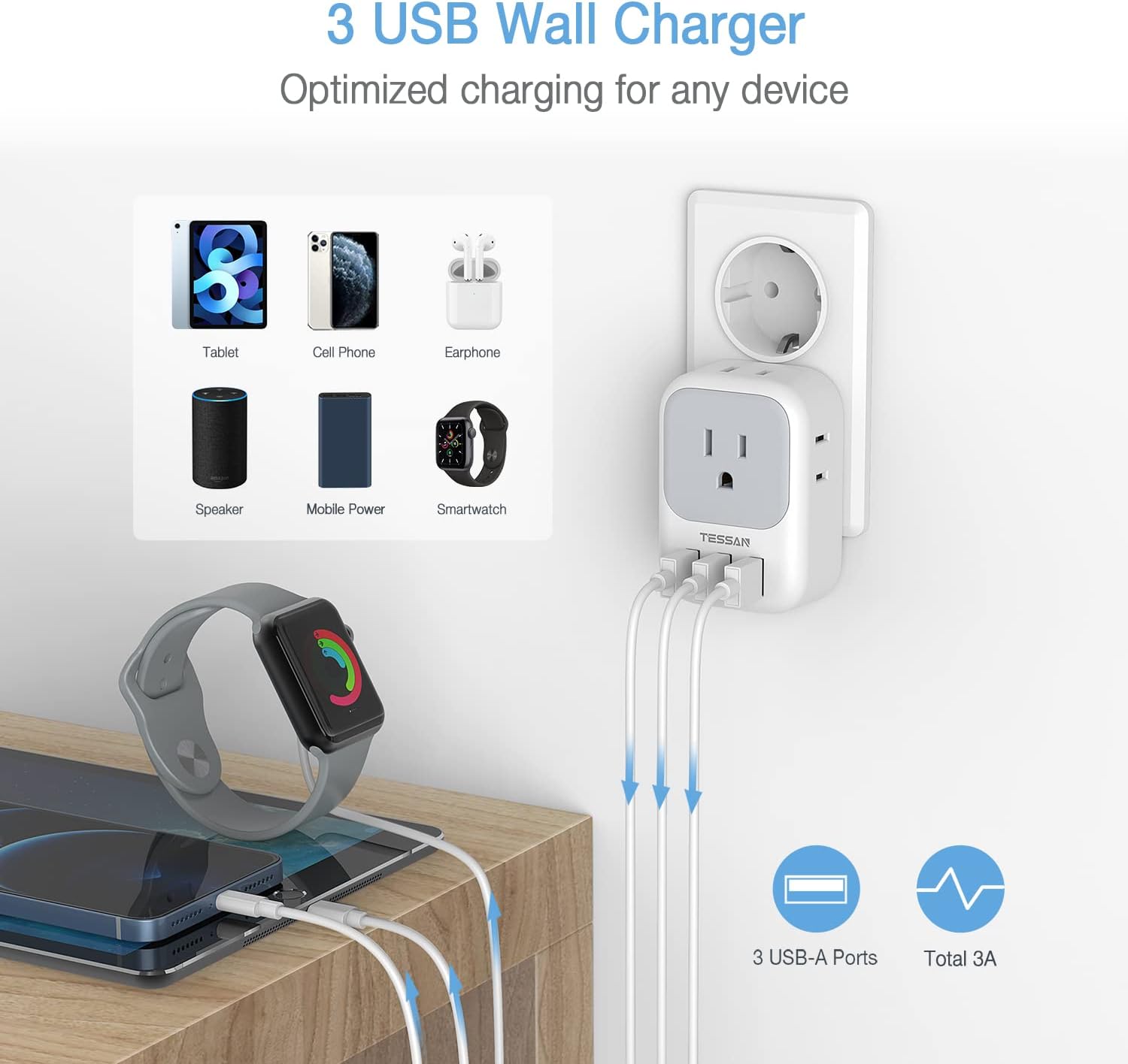 TESSAN US to Europe Power Adapter with 4 AC Outlets and 3 USB, 3 Pack