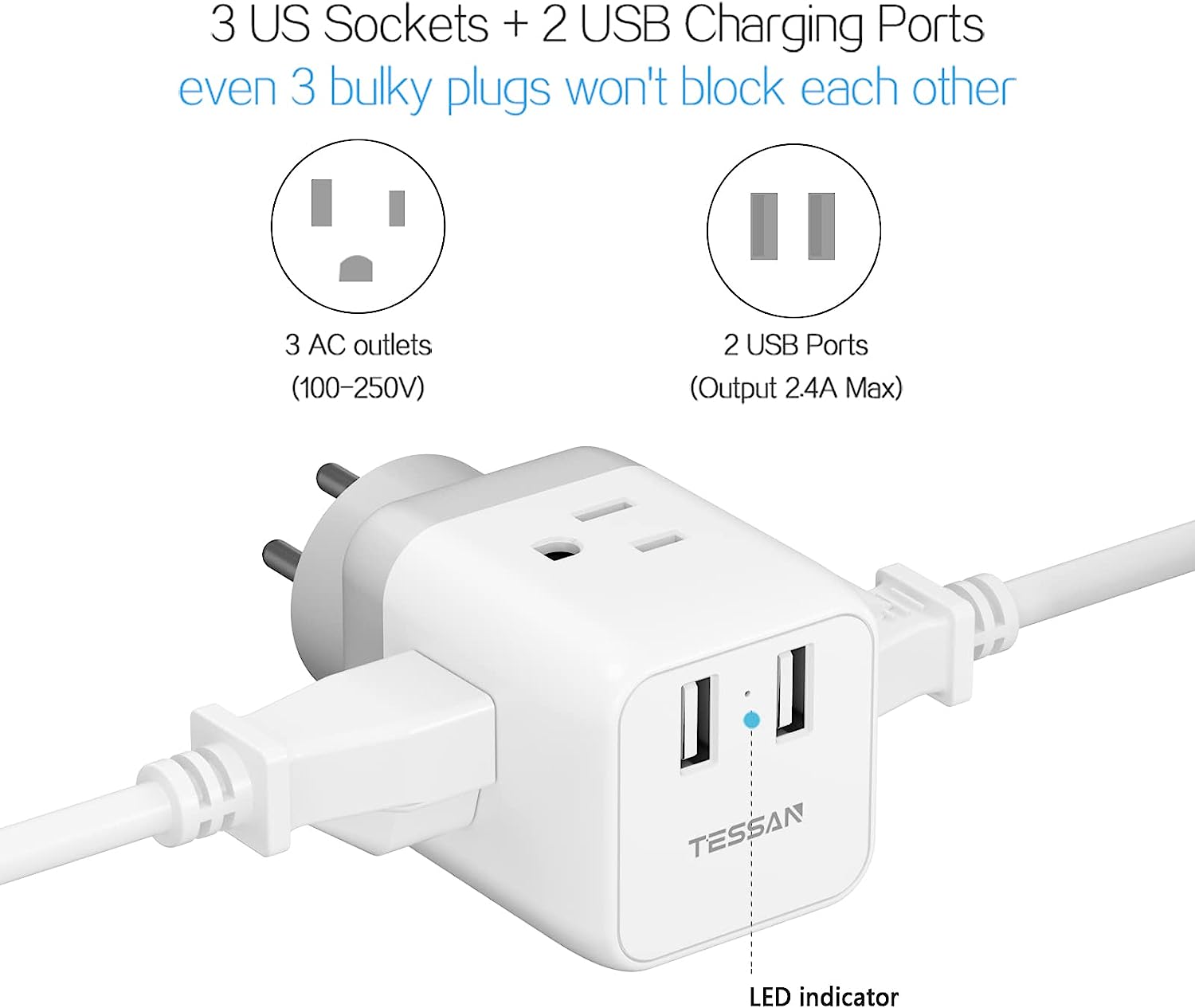 TESSAN US to Israel Plug Adapter with 3 Outlets 2 USB Charging Ports