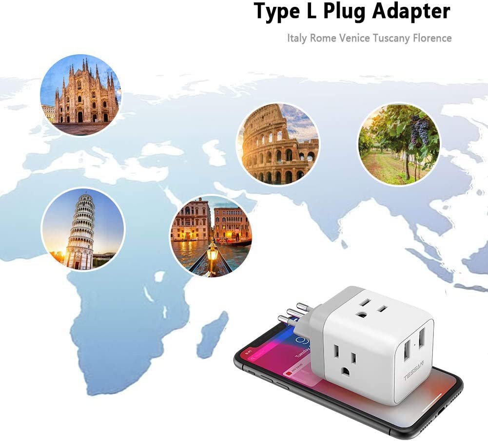 US To Italy Travel Plug Adapter With 3 Outlets 2 USB Ports (Type L Plug)