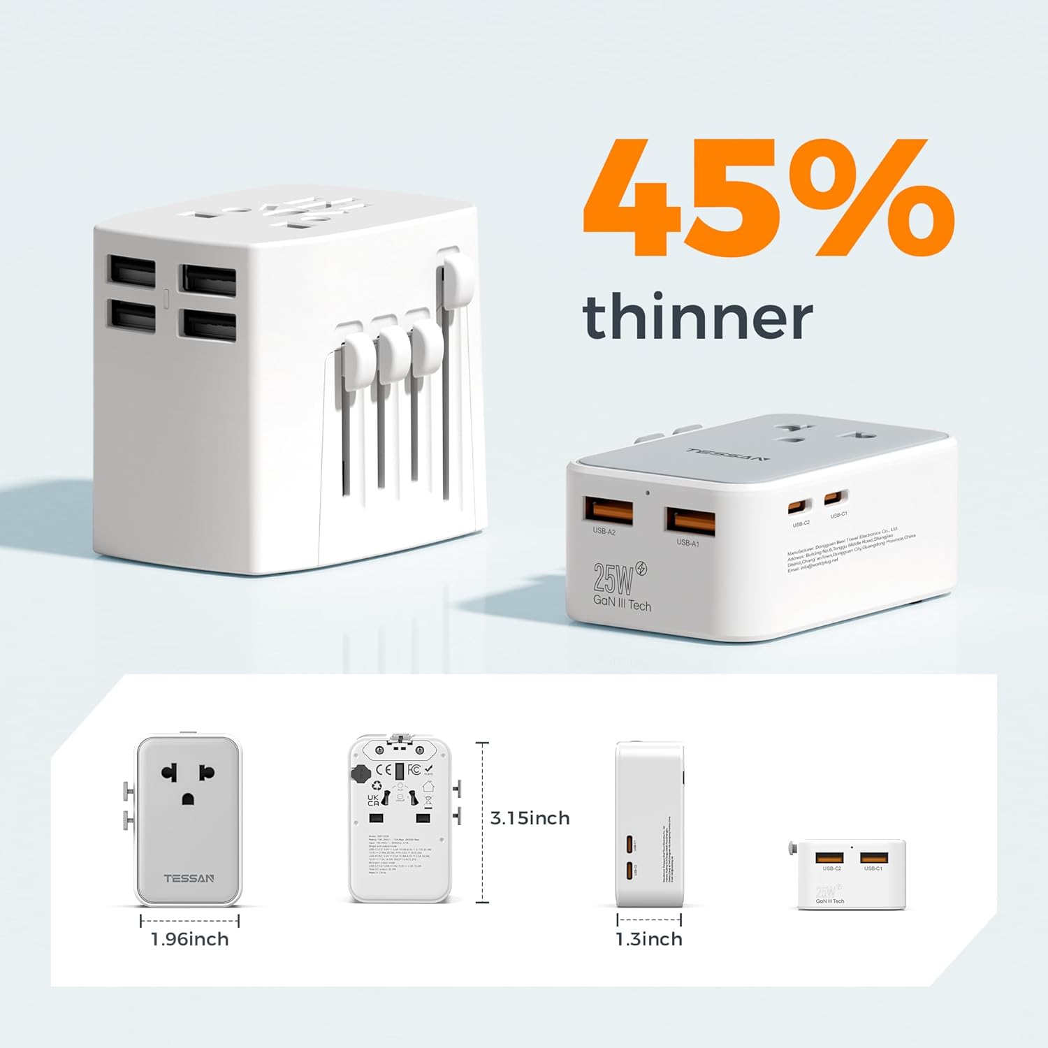 TESSAN Ultra Thin Universal Travel Adapter PD 25W