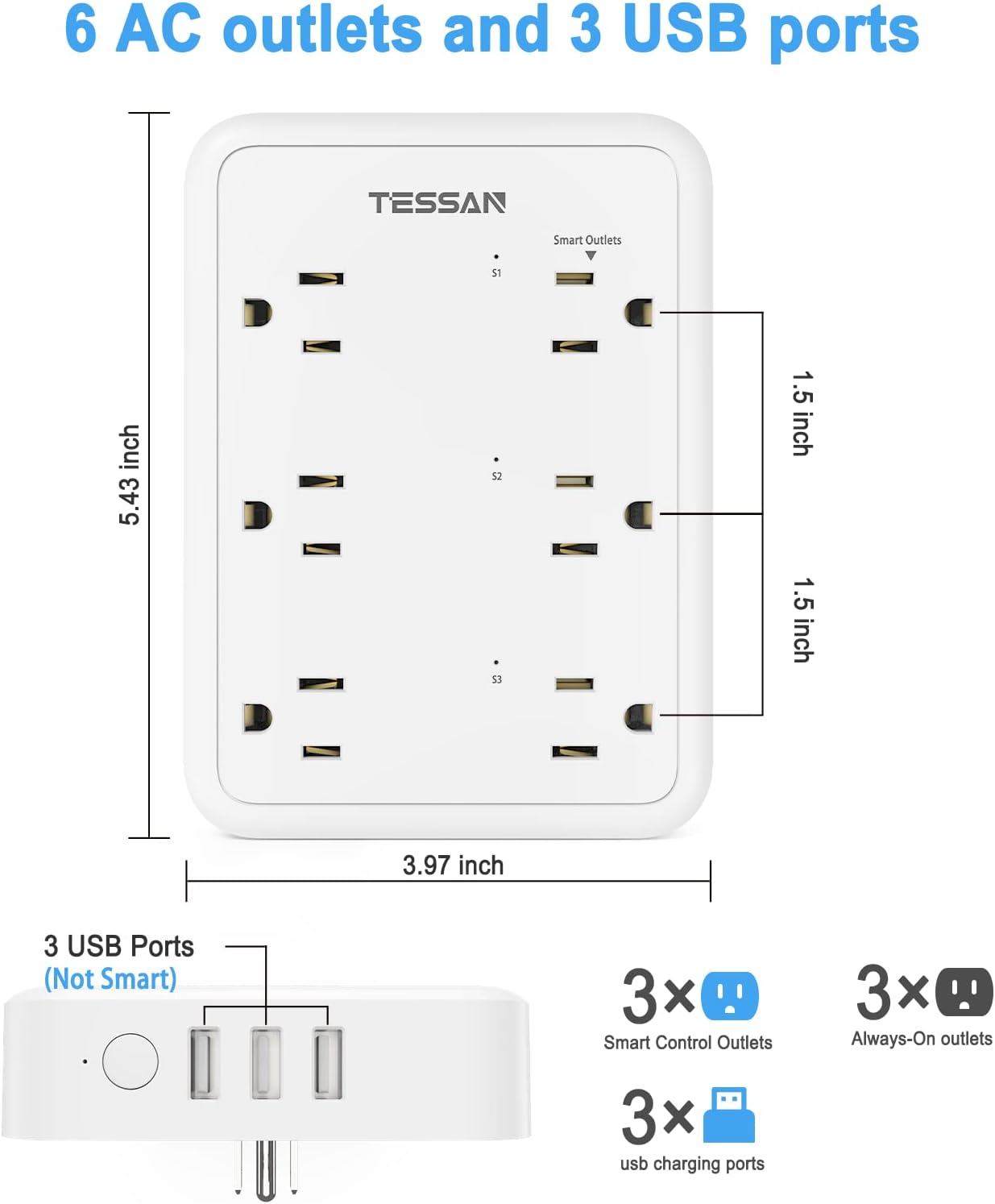 TESSAN Smart Power Strip with 6 Multi Outlet 3 USB
