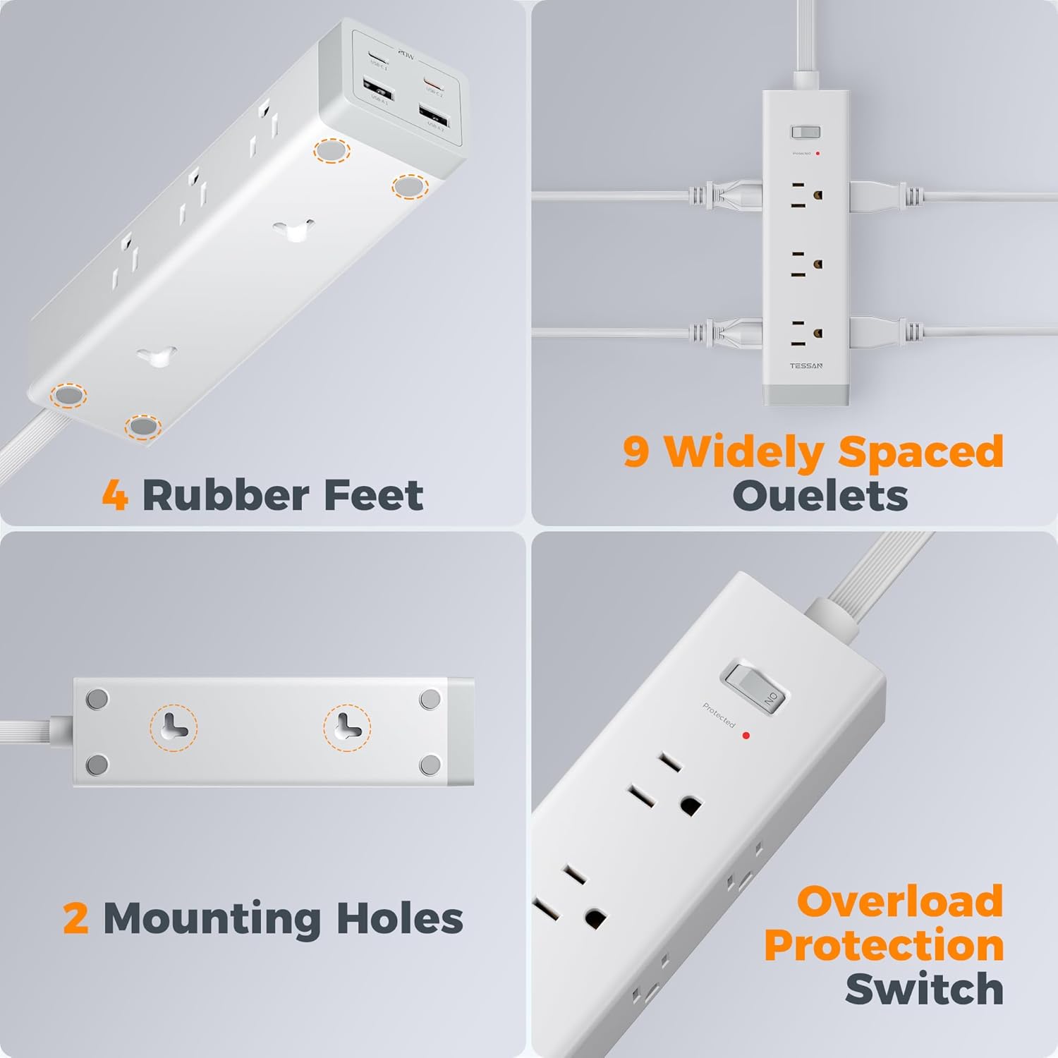 TESSAN 10 FT Surge Protector PD 20W PS09
