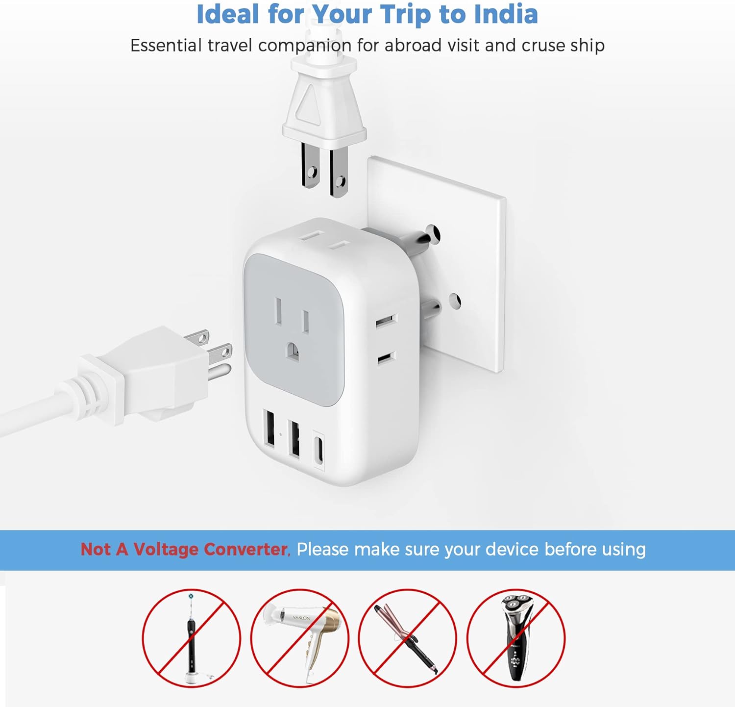 Tessan US to India Plug Adapter Type D