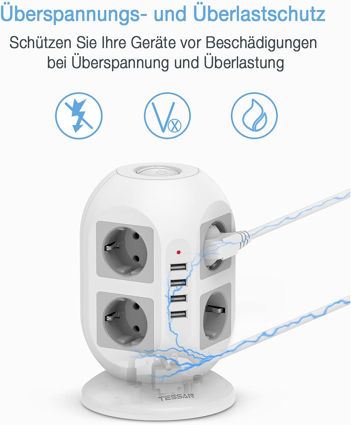 TESSAN Mehrfachsteckdose Überspannungsschutz, 8 Fach Steckdosenleiste Überspannungsschutz USB