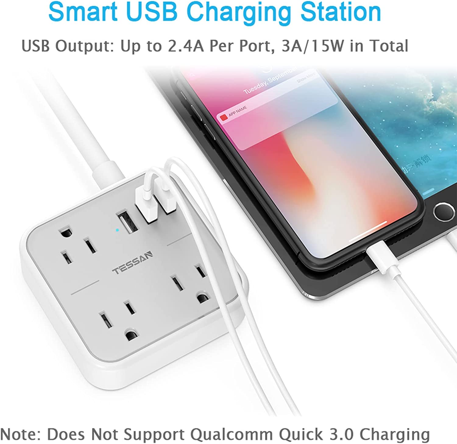 Dorm Essentials Power Strip 5 FT Extension Cord Flat Plug With 3 Outlets 3 USB Ports