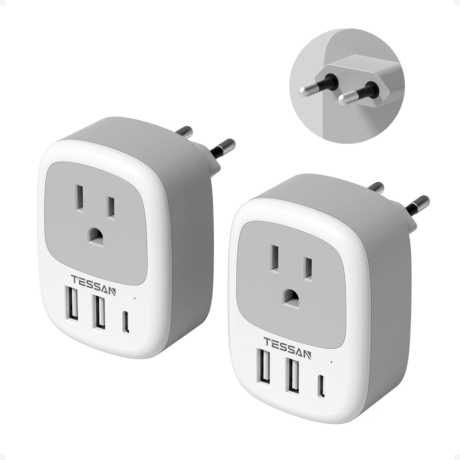 TESSAN European Travel Plug Adapter With AC & USB Ports