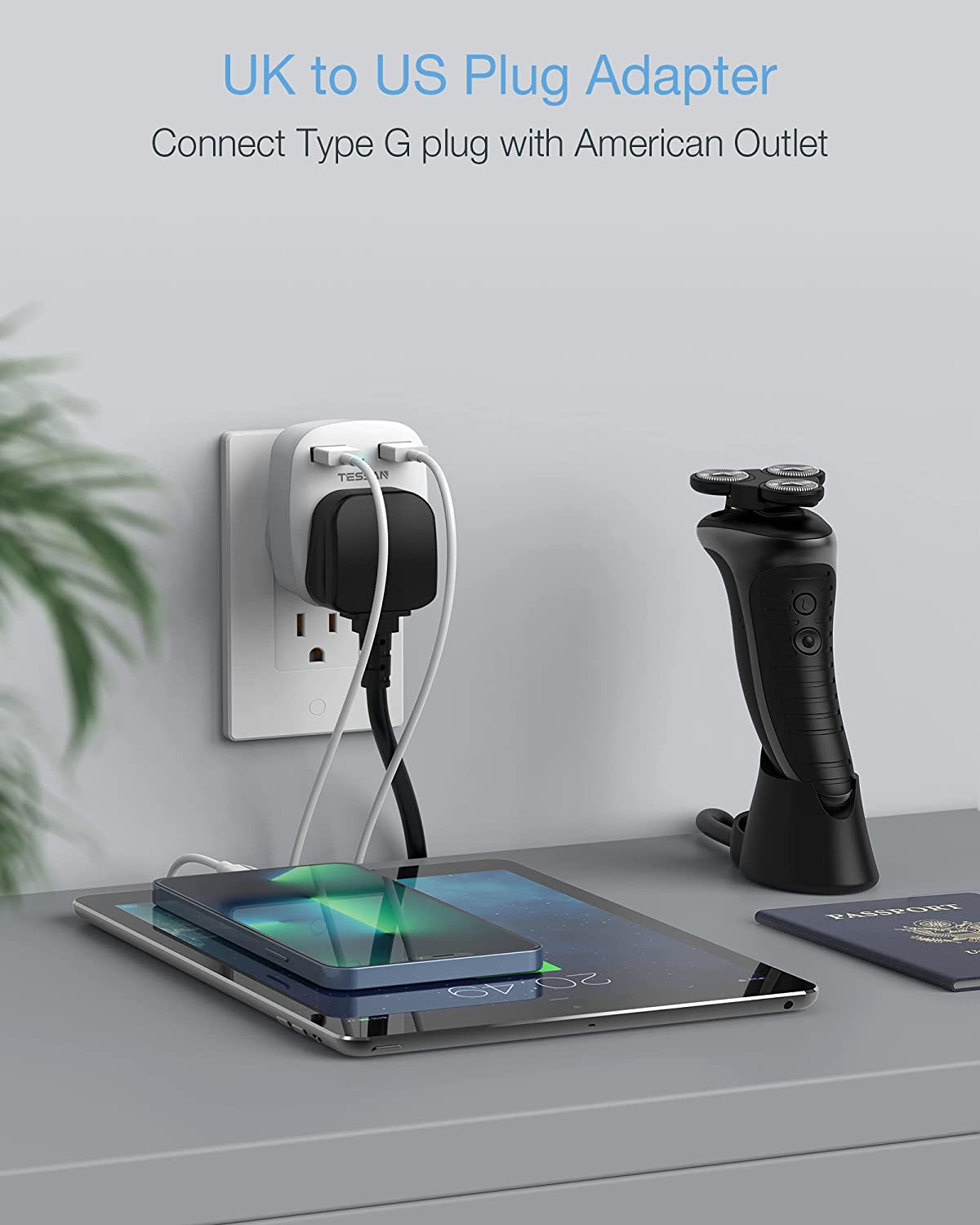 TESSAN UK to US Plug Adapter with AC Outlet 2 USB Ports
