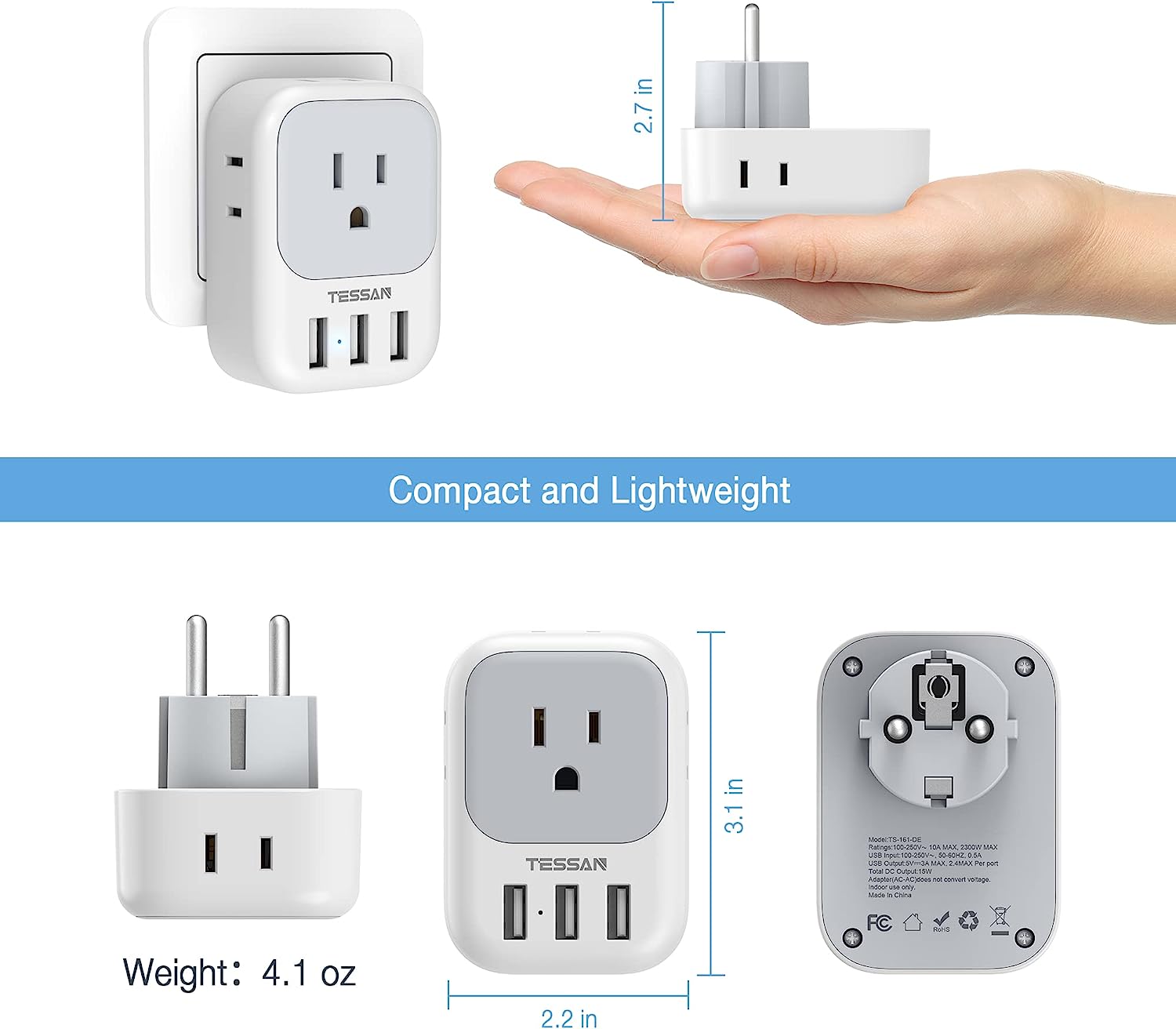TESSAN Travel Adaptor for US to Europe EU with 4 AC Outlets 3 USB Ports, 2 Pack