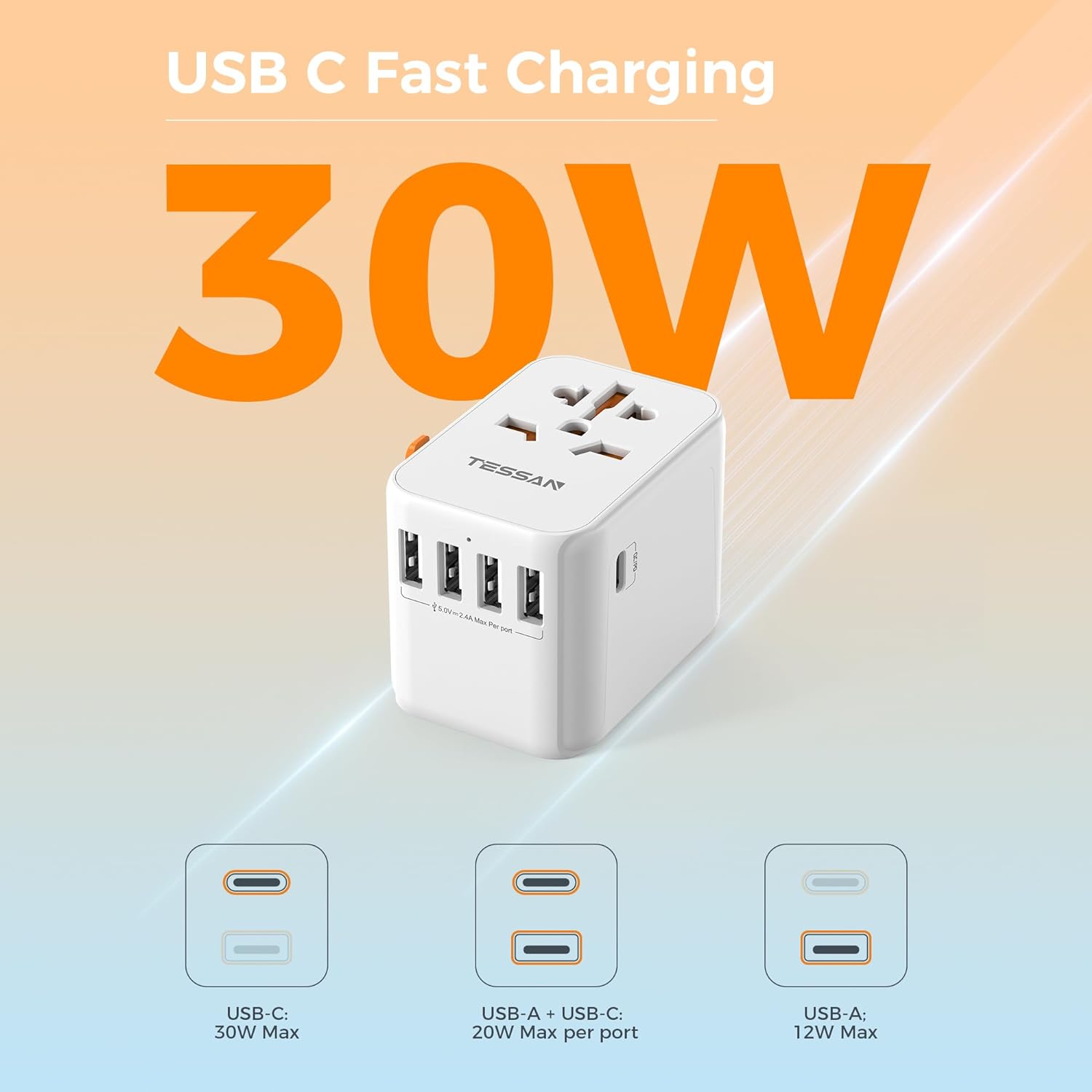 TESSAN International Plug Adaptor with 1 USB C and 4 USB A Ports, Universal Travel Plug Adapter 30W
