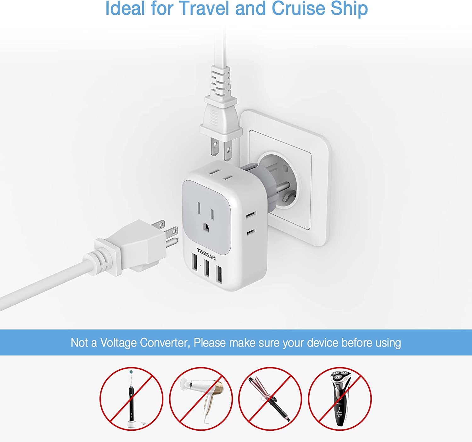 TESSAN Travel Adaptor for US to Europe EU with 4 AC Outlets 3 USB Ports, 2 Pack
