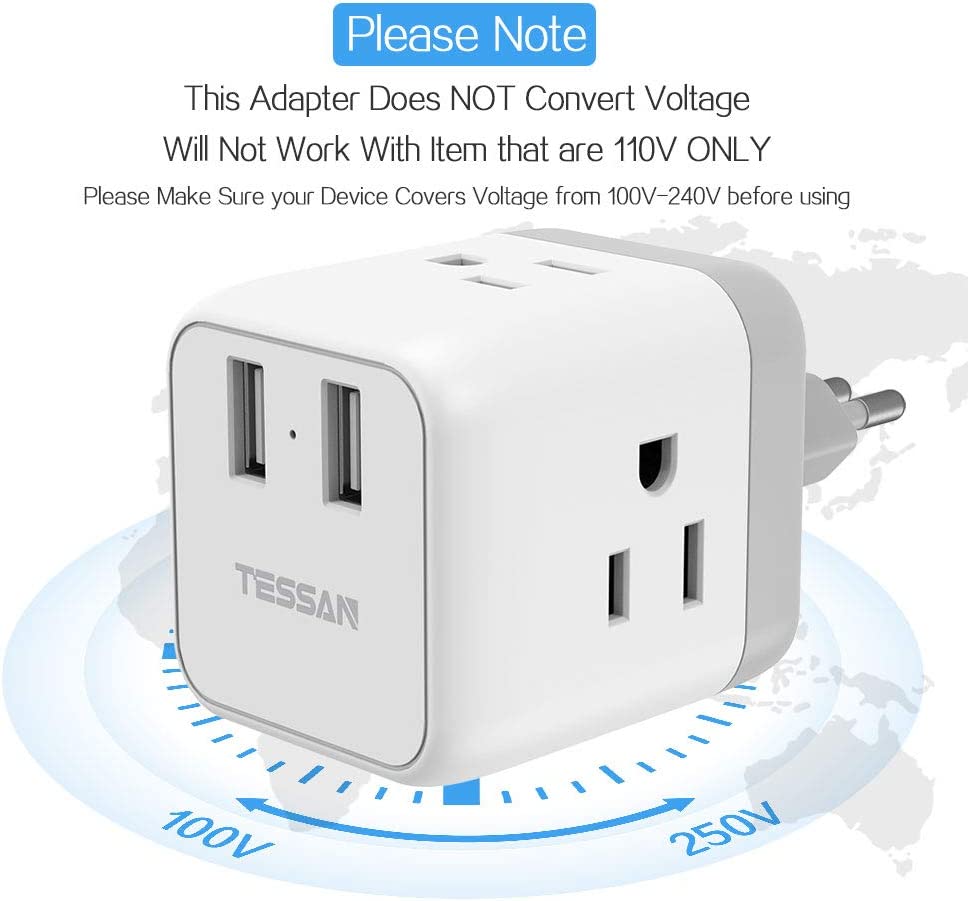 US To Italy Travel Plug Adapter With 3 Outlets 2 USB Ports (Type L Plug)