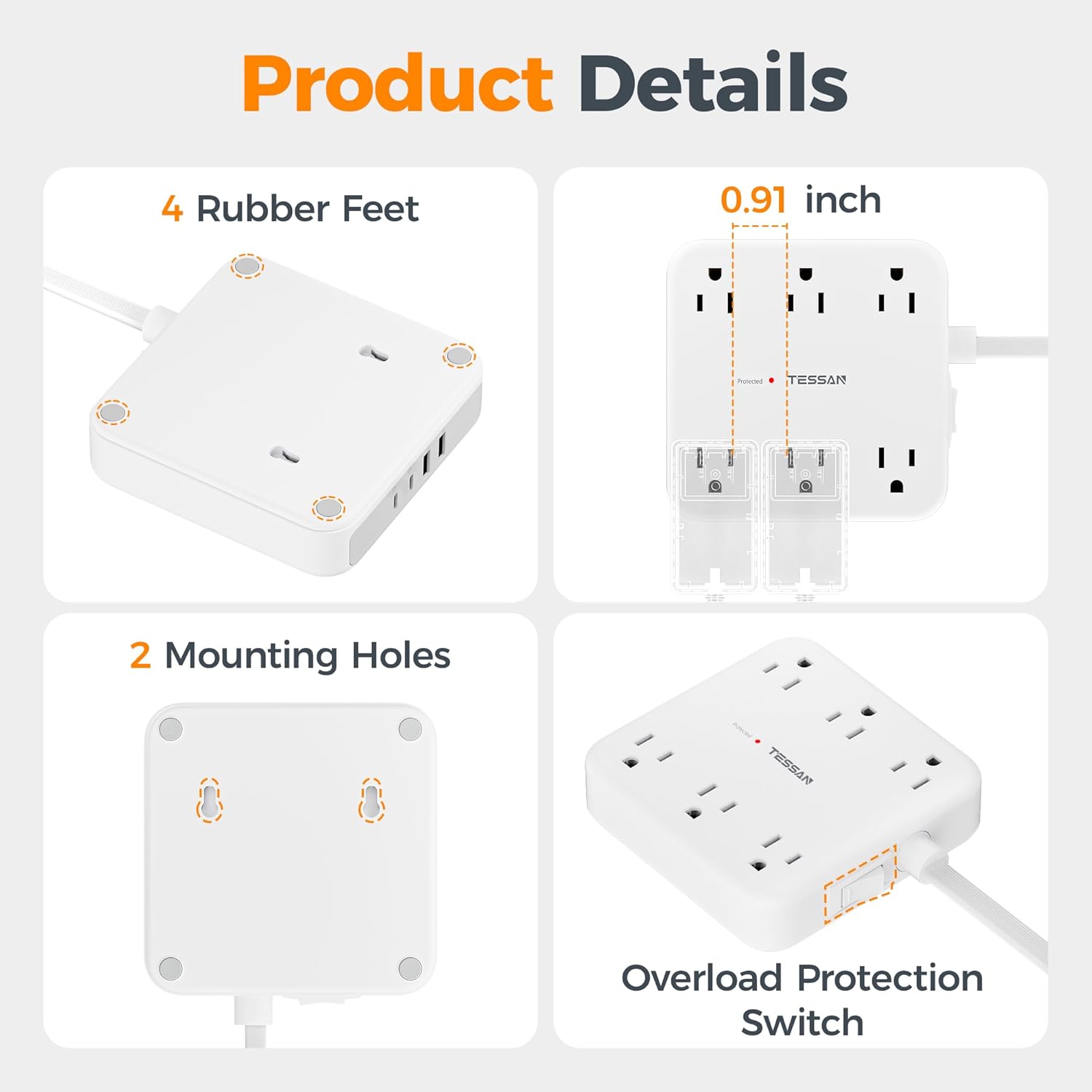 TESSAN 5 Ft Surge Protector Power Strip PS08