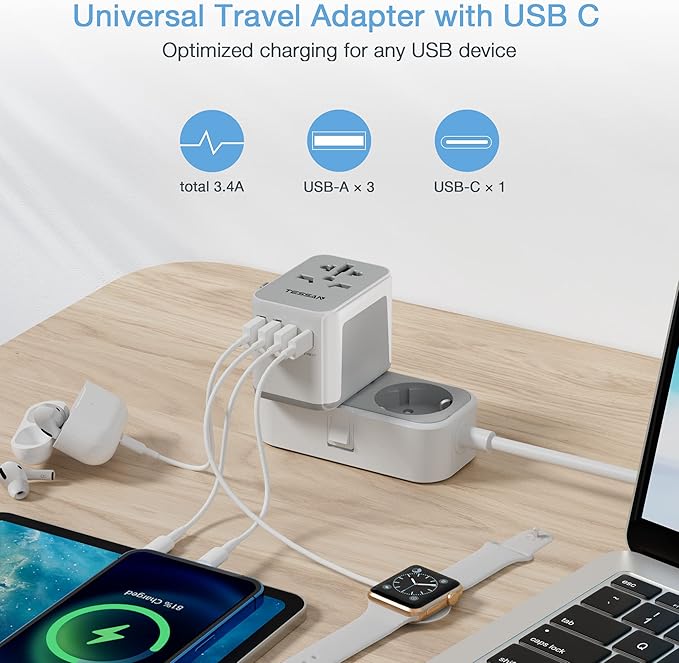 TESSAN Universal Travel Adapter 5 USB Ports - Gray