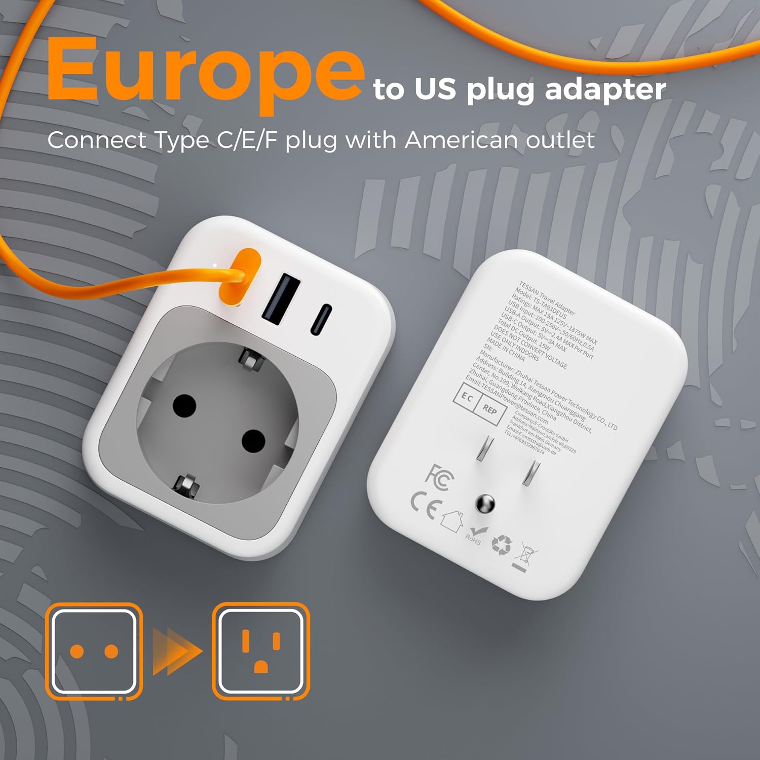 TESSAN EU to US Type C/E/F Plug Adapter TA03