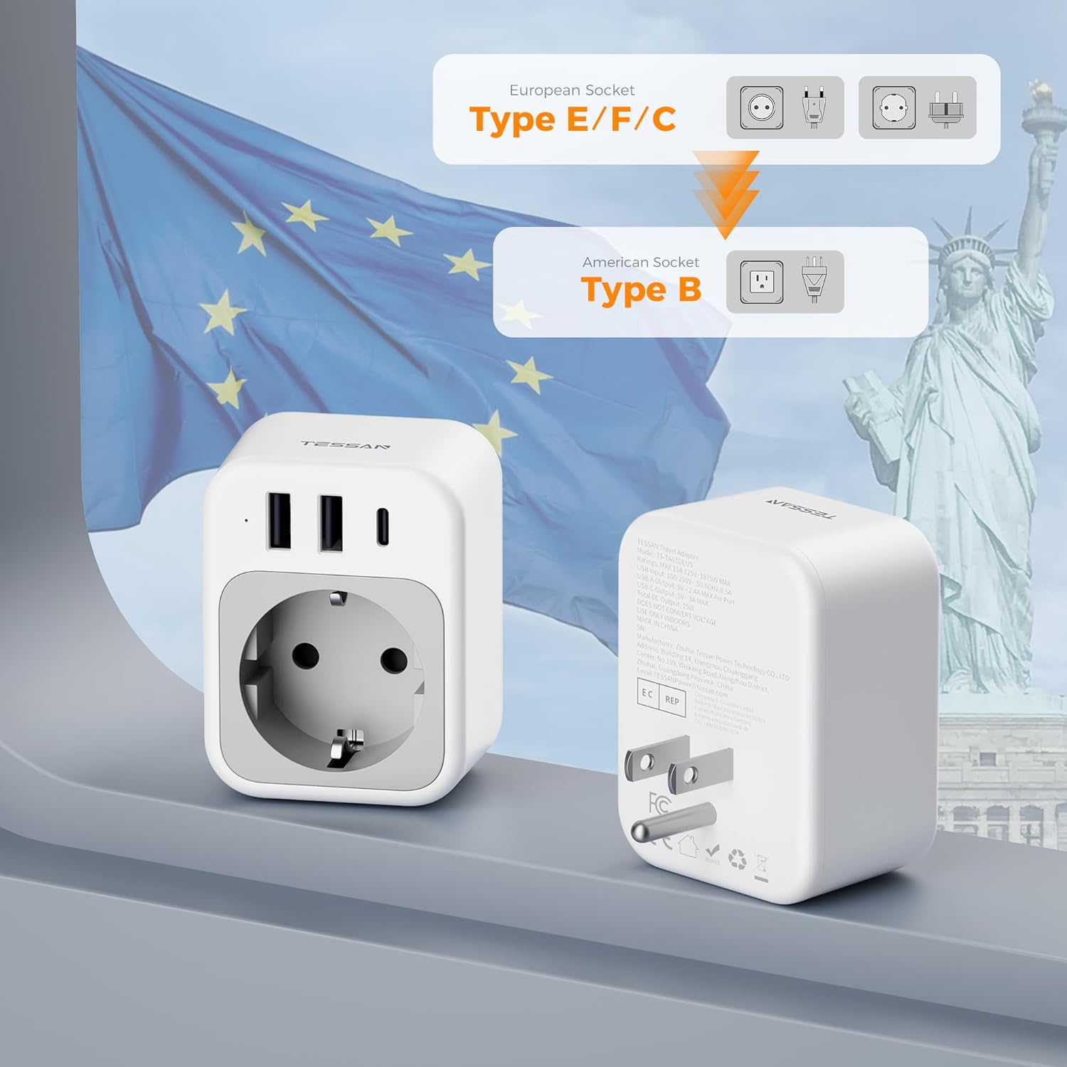 TESSAN EU to US Type C/E/F Plug Adapter TA03