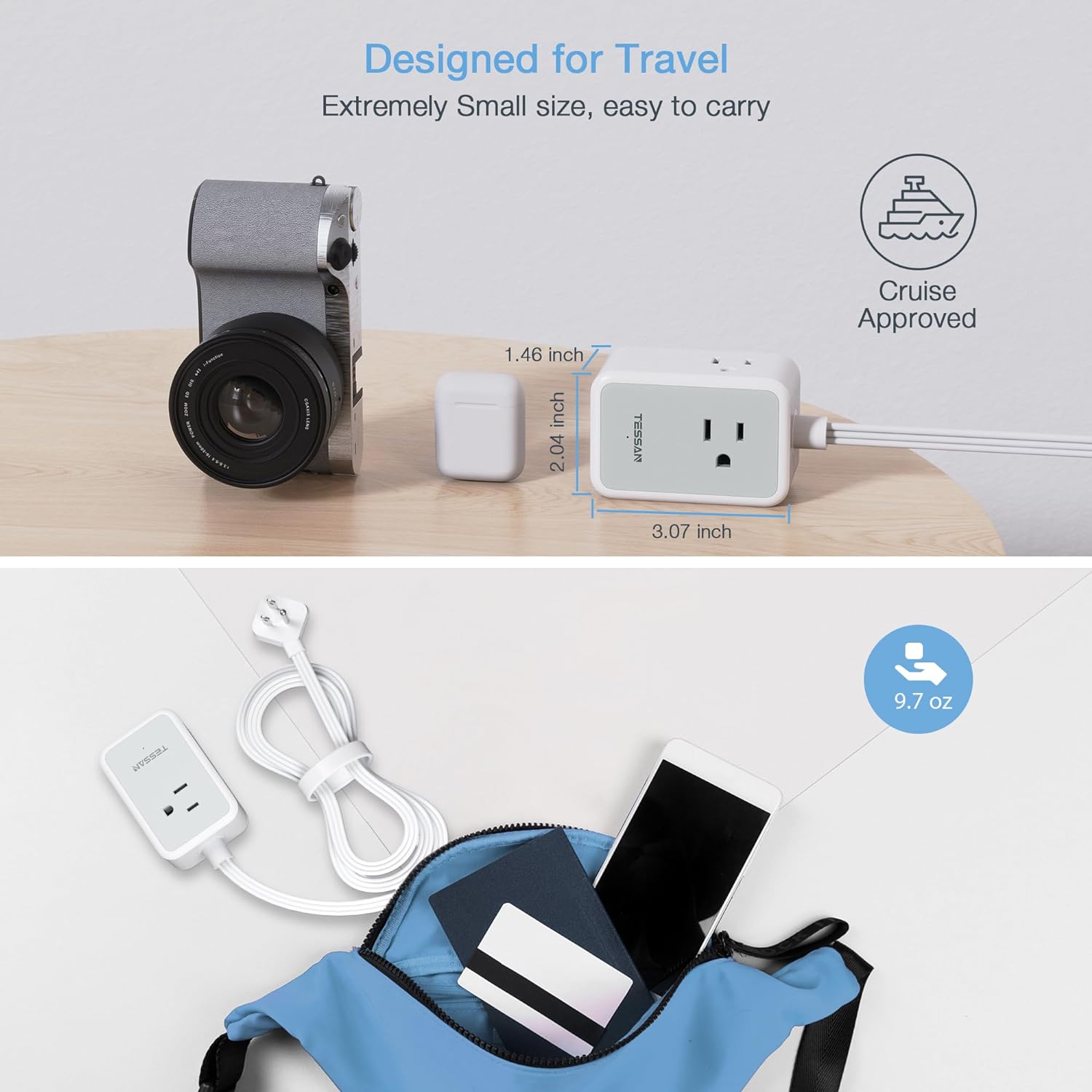 TESSAN Ultra Thin Extension Cord with 3 USB Wall Charger (1 USB C)