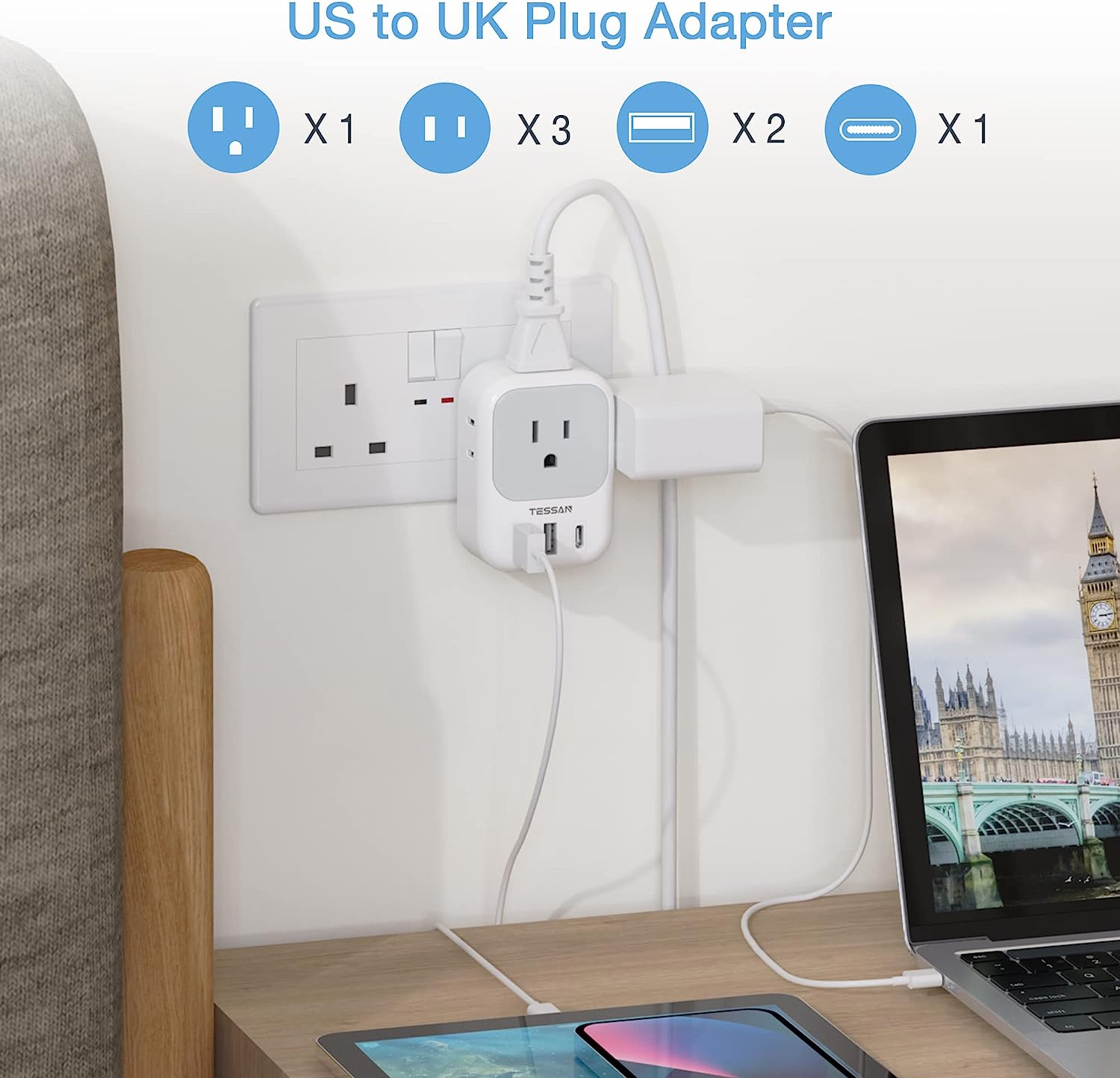 US to UK Plug Adapter 2 Pack, TESSAN Type G Adapter with 4 Outlets 3 USB Charger(1 USB C Port)