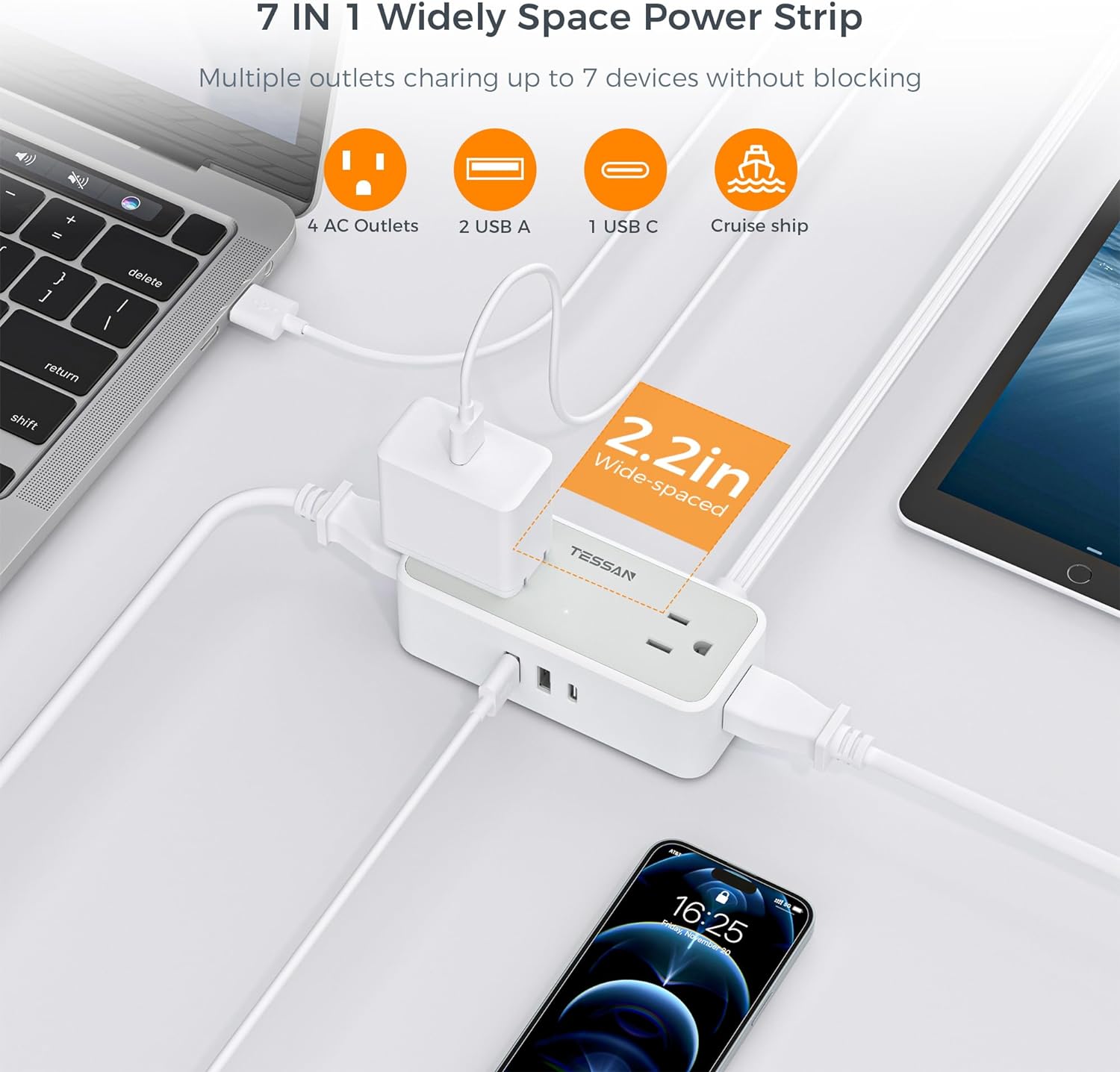 TESSAN 4 Outlets Ultra Thin Flat Plug Power Strip, 3 USB Wall Charger (1 USB C Port), Small Flat Extension Cord