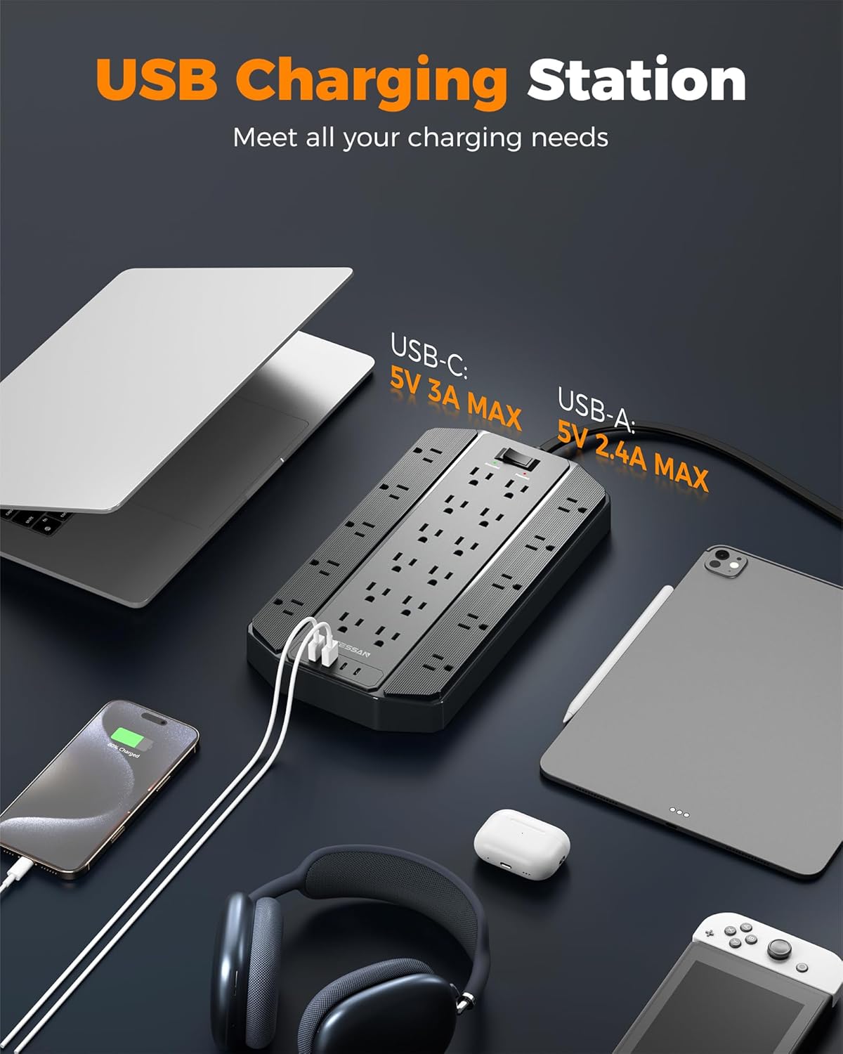 Tessan Flat Extension Cord Power Strip 22 Outlets Black