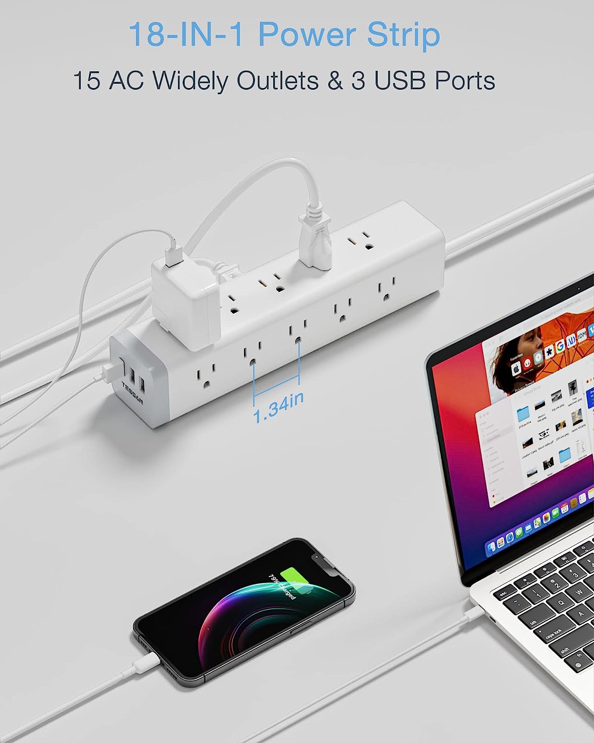 TESSAN Surge Protector Power Strip with 15 Outlets and 3 USB Ports