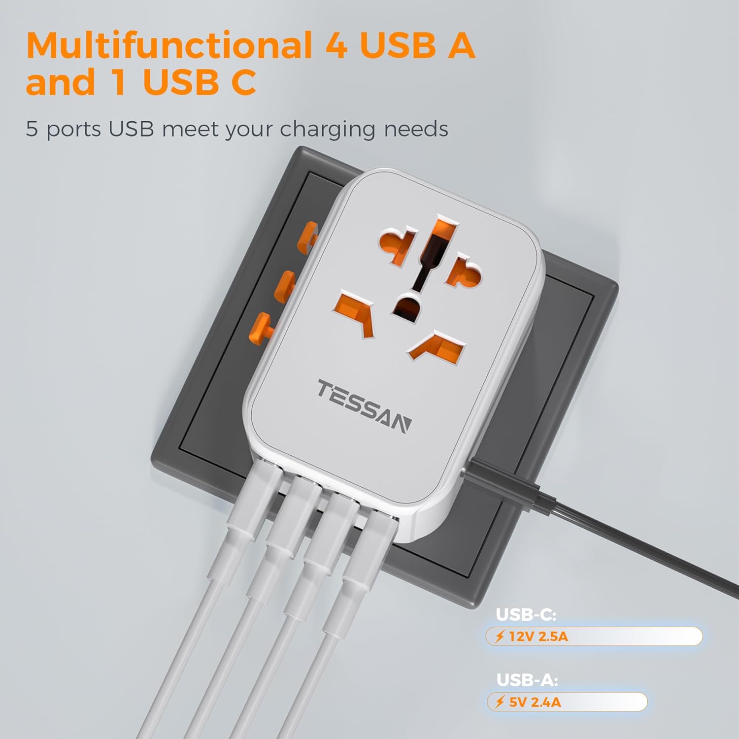 TESSAN International Plug Adaptor with 1 USB C and 4 USB A Ports, Universal Travel Plug Adapter 30W