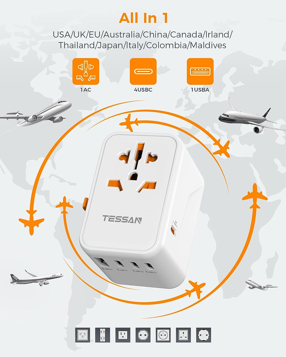 Universal Travel Adapter with 4 USB C and 1 USB Ports (Fast Charging PD 65W)