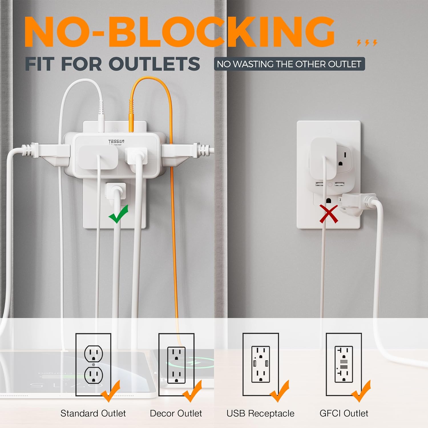 TESSAN Multi Plug Wall Outlet Splitter (360 Rotating Plug) WS04