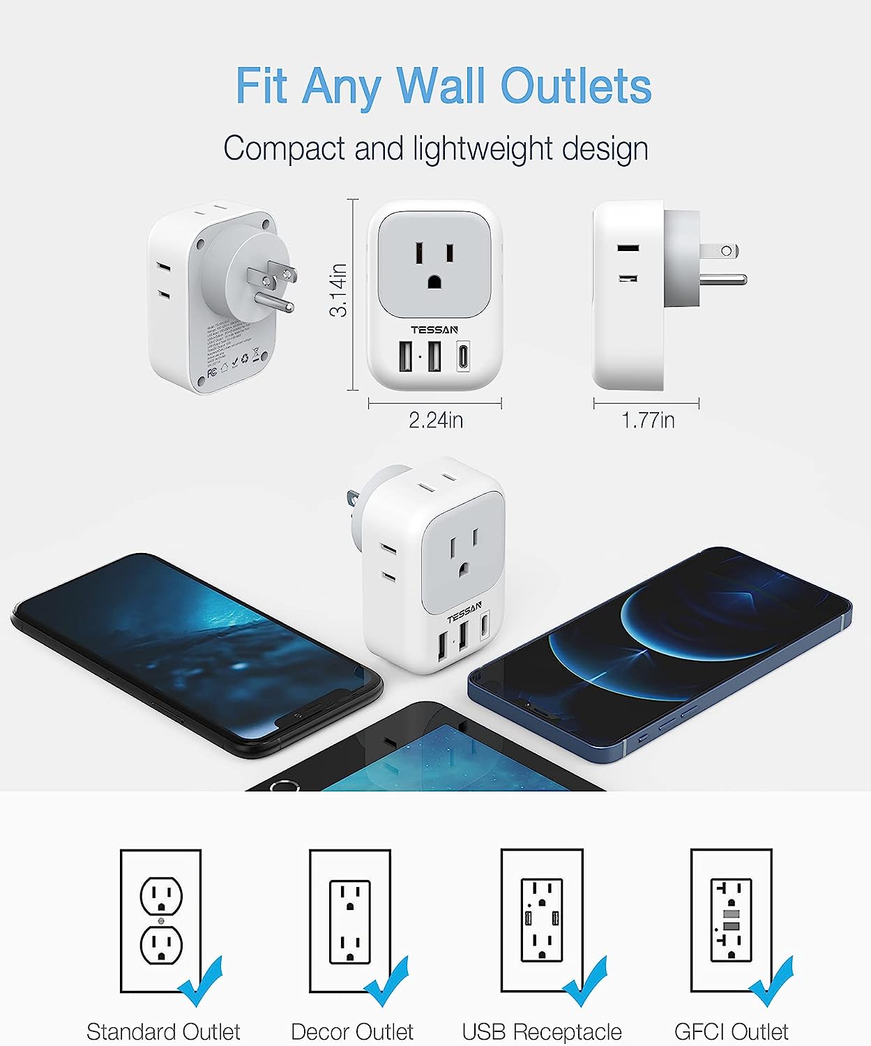 TESSAN 3 USB Wall Charger Multiports (1 USB C Port), 20W PD USB Plug Adapter